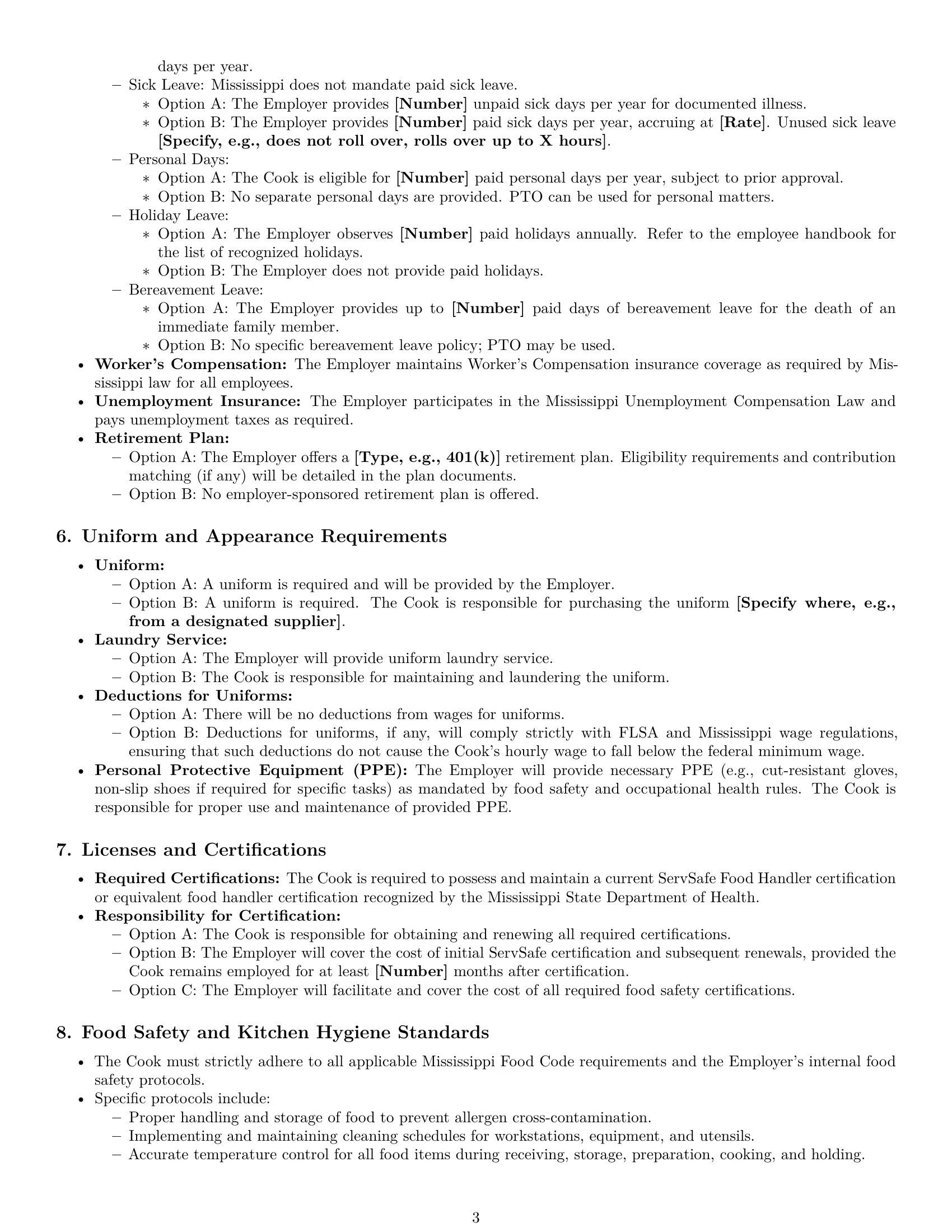 Preview page 3 of Pro Mississippi cook employment contract template