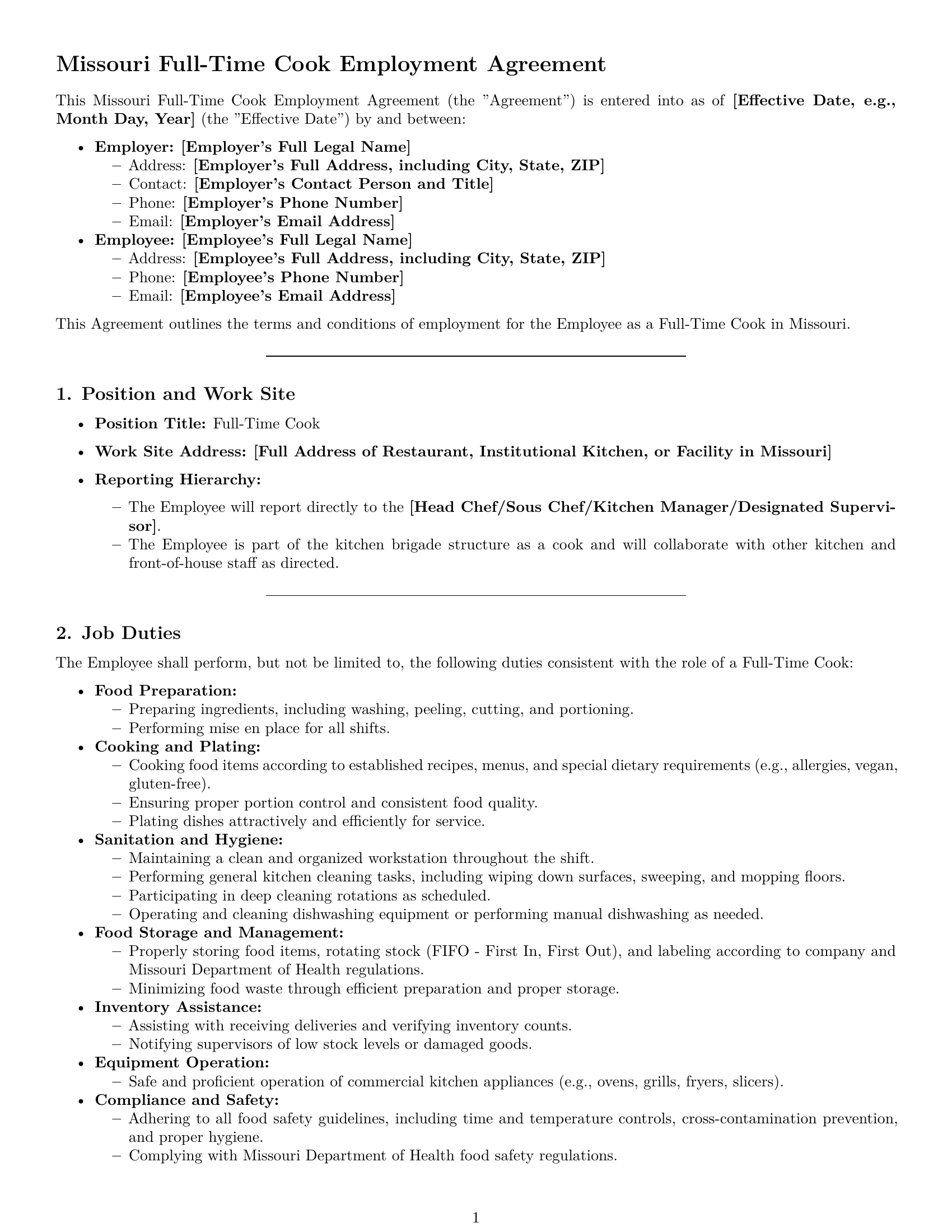 Preview page 1 of Pro Missouri cook employment contract template