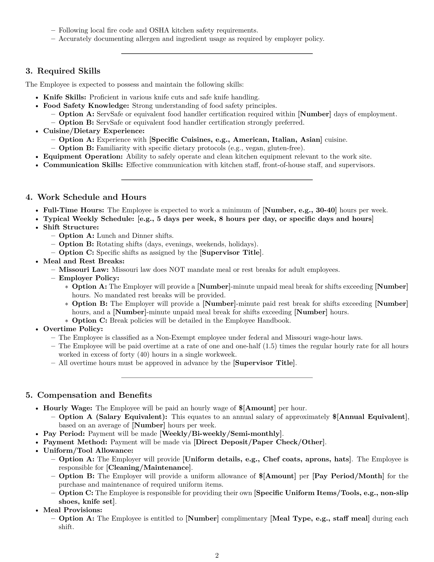 Preview page 2 of Pro Missouri cook employment contract template