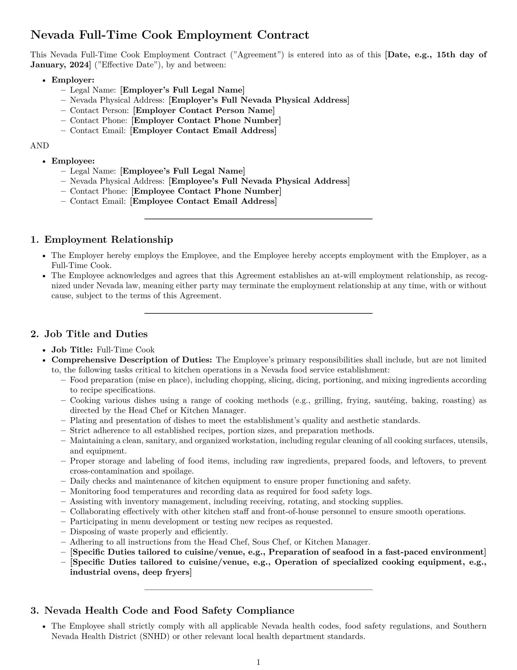 Preview page 1 of Pro Nevada cook employment contract template