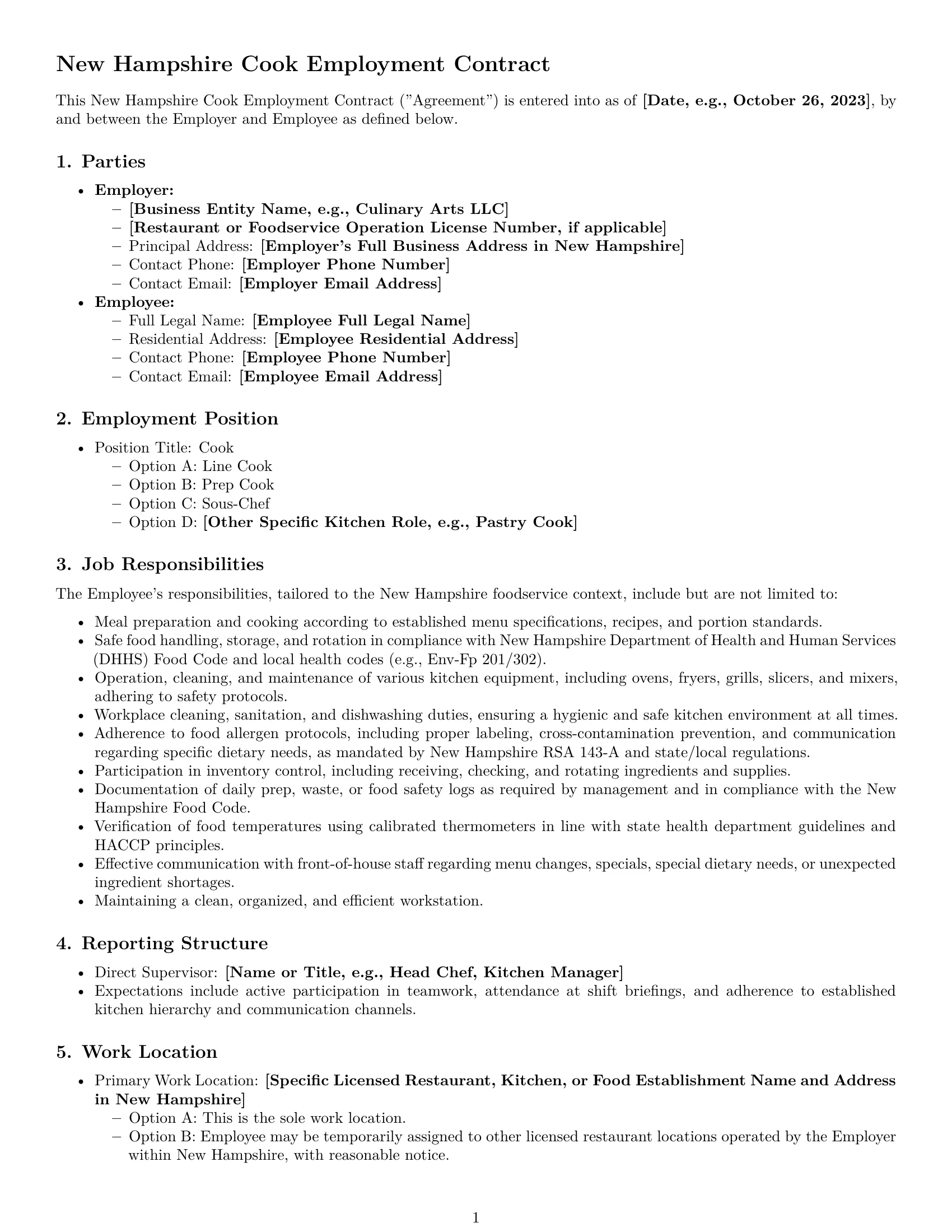 Preview page 1 of Pro New Hampshire cook employment contract template