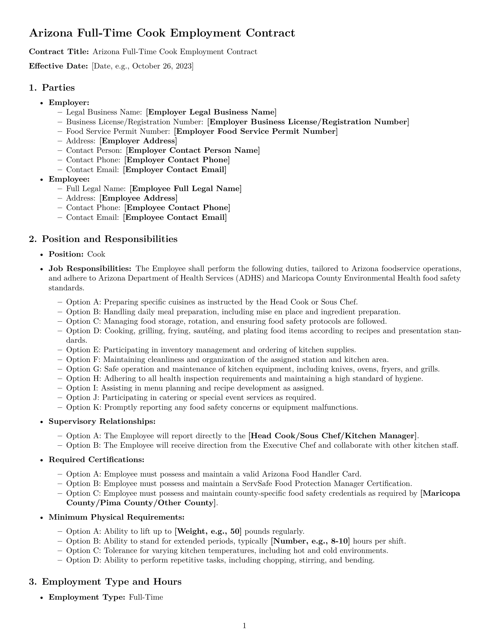 Preview page 1 of Pro Arizona cook employment contract template