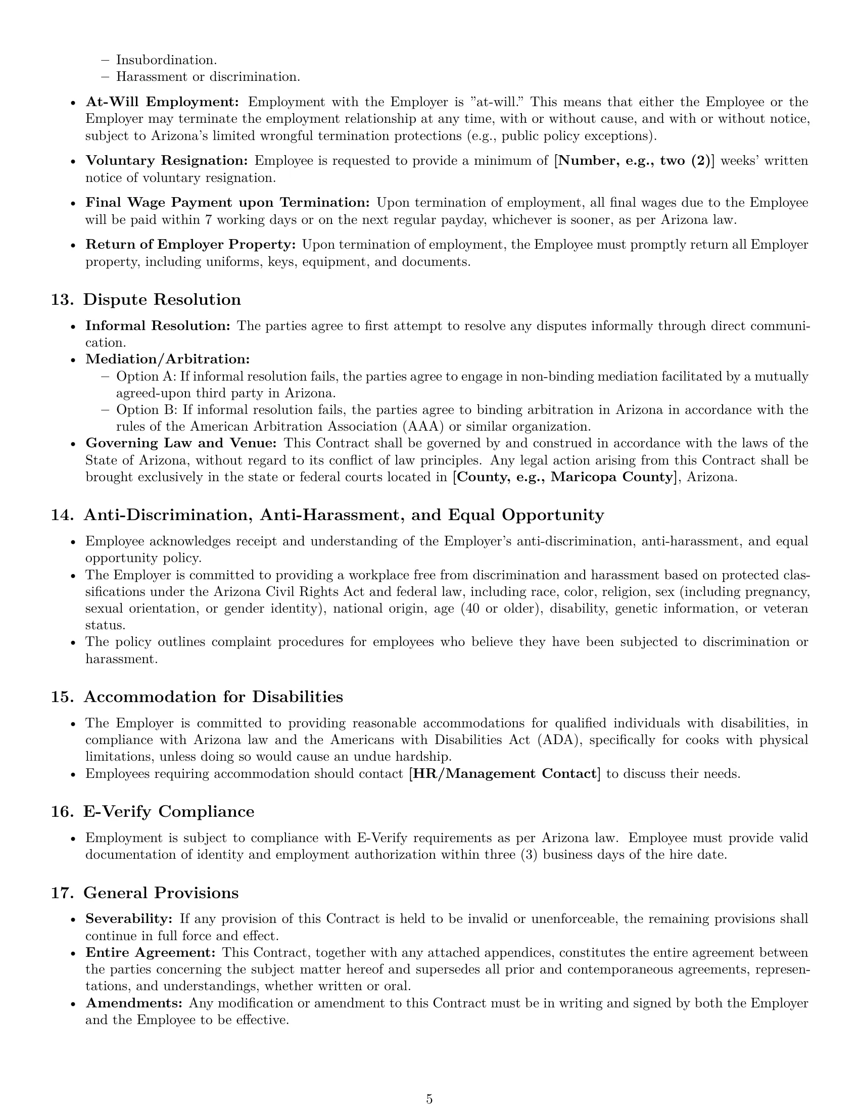 Preview page 5 of Pro Arizona cook employment contract template