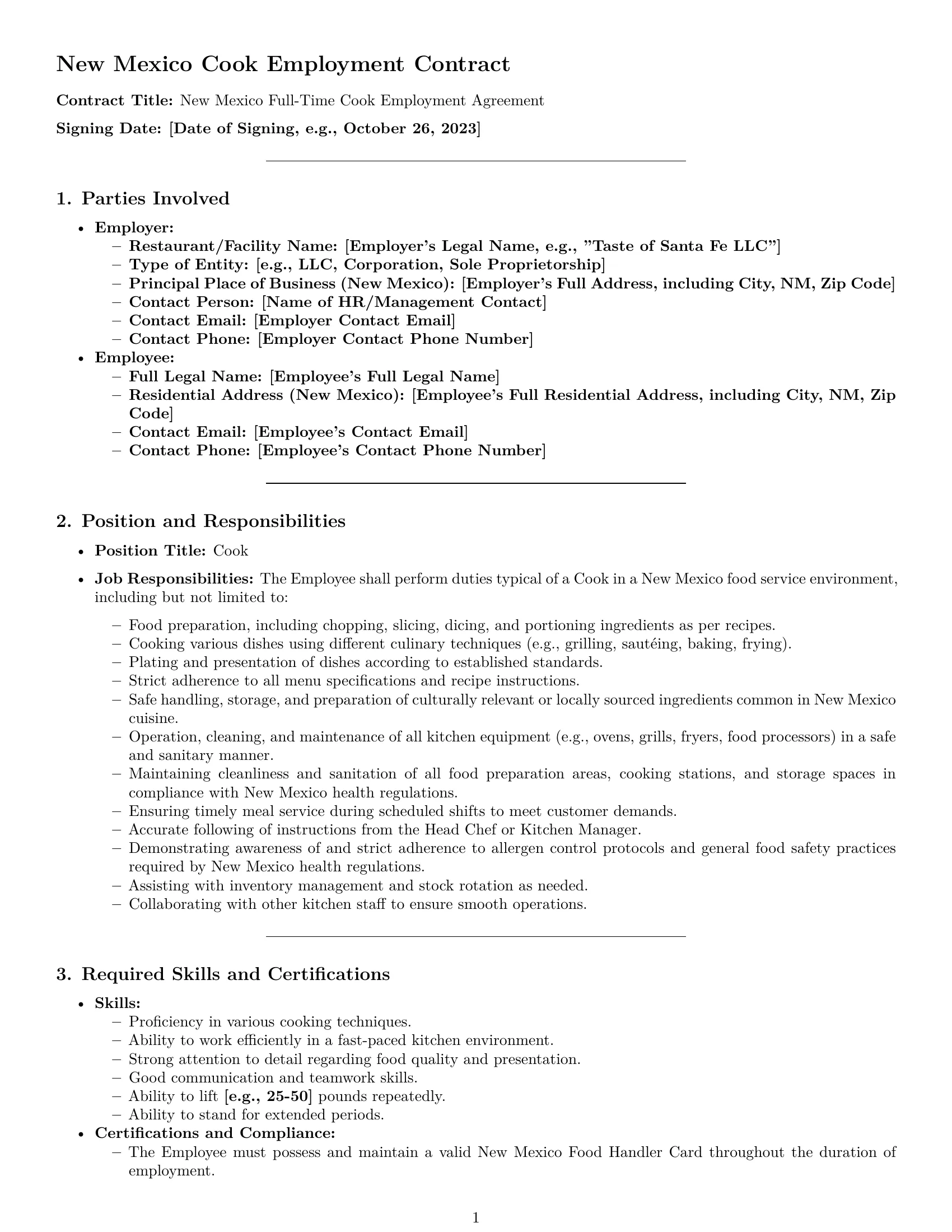Preview page 1 of Pro New Mexico cook employment contract template