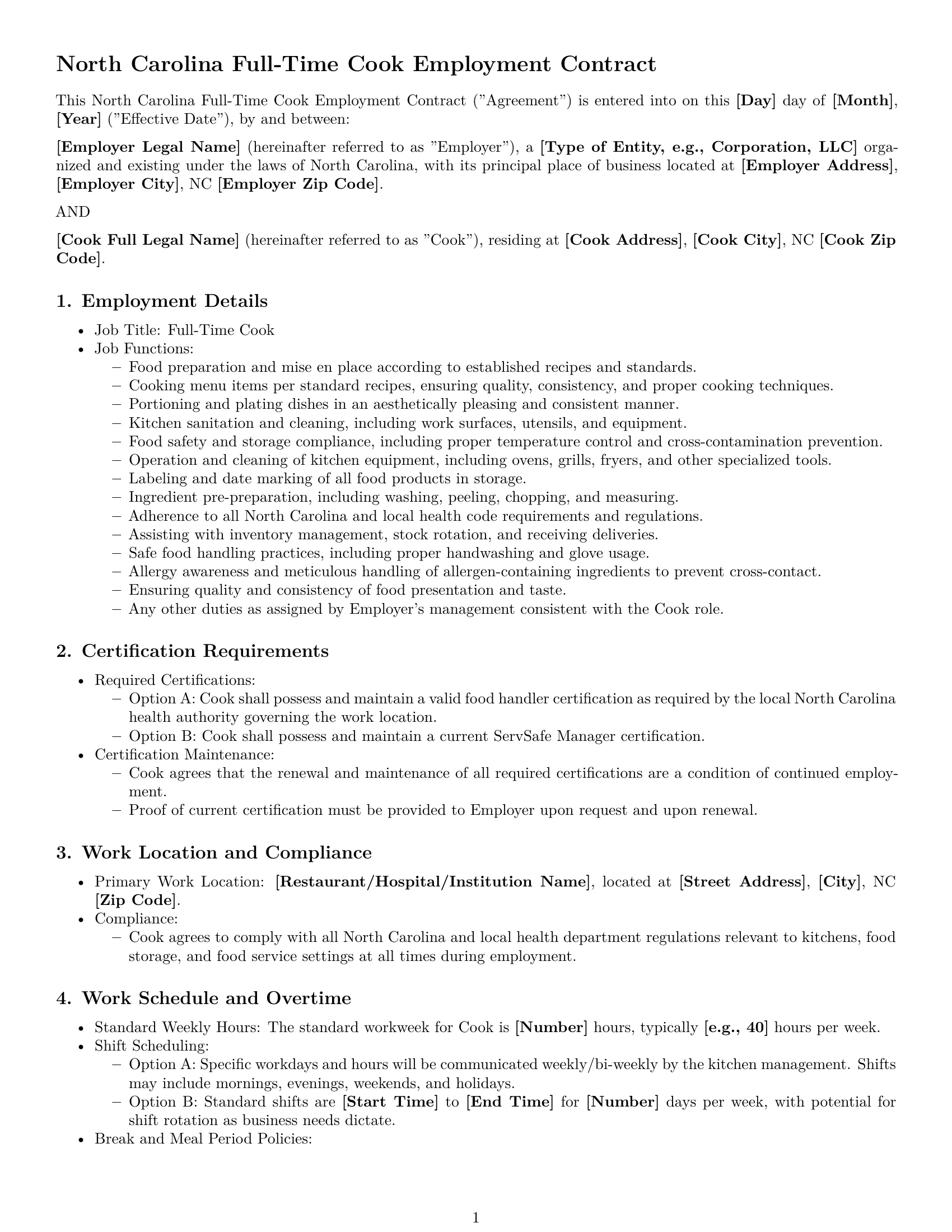 Preview page 1 of Pro North Carolina cook employment contract template