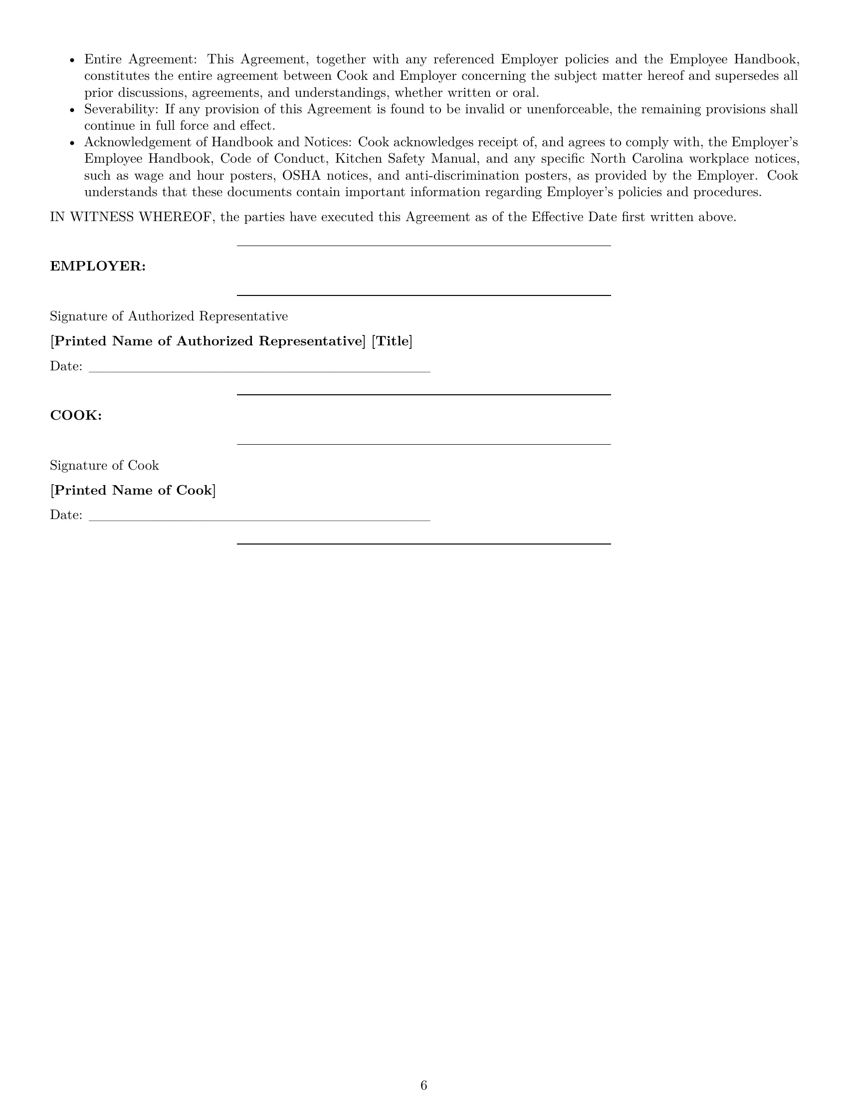 Preview page 6 of Pro North Carolina cook employment contract template
