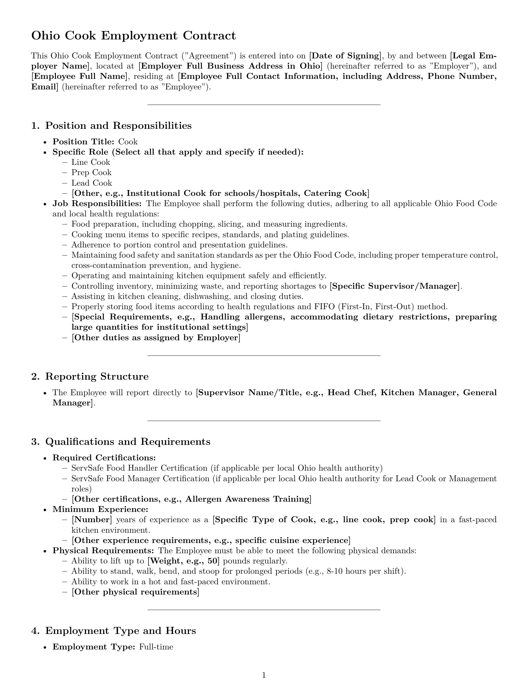 Preview page 1 of Pro Ohio cook employment contract template