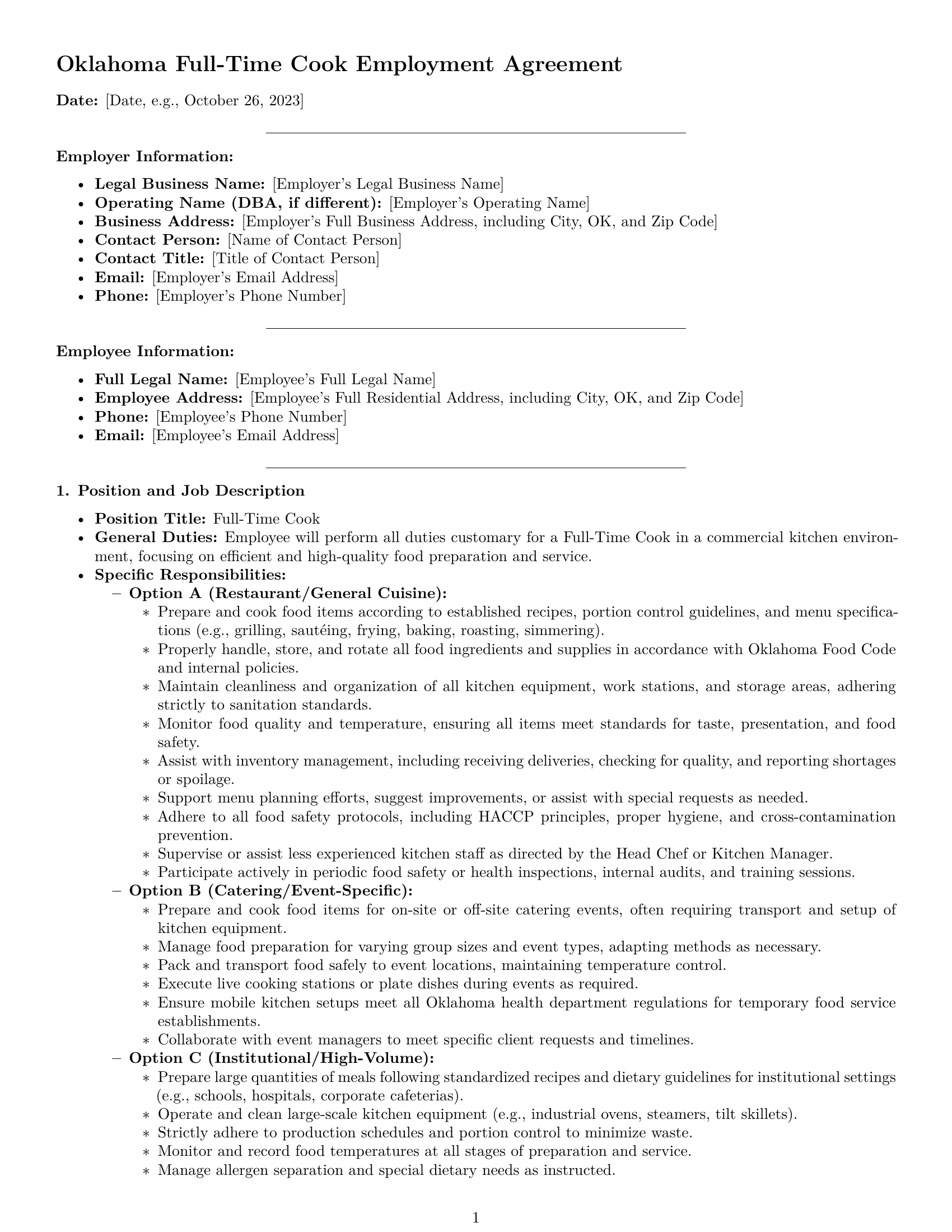 Preview page 1 of Pro Oklahoma cook employment contract template