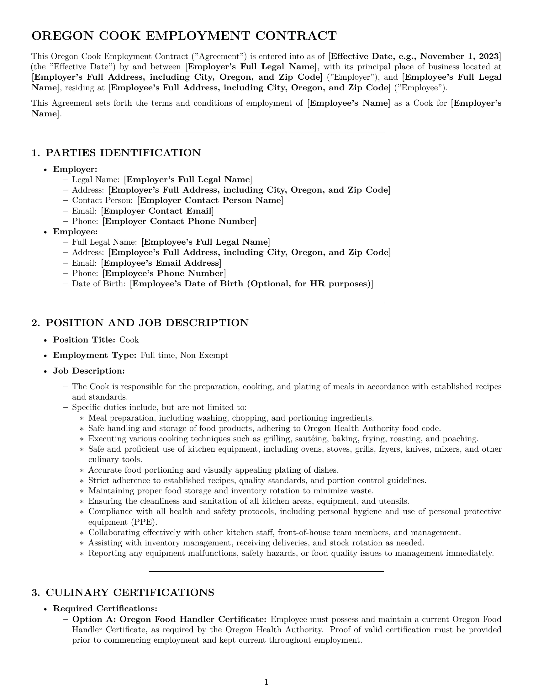 Preview page 1 of Pro Oregon cook employment contract template