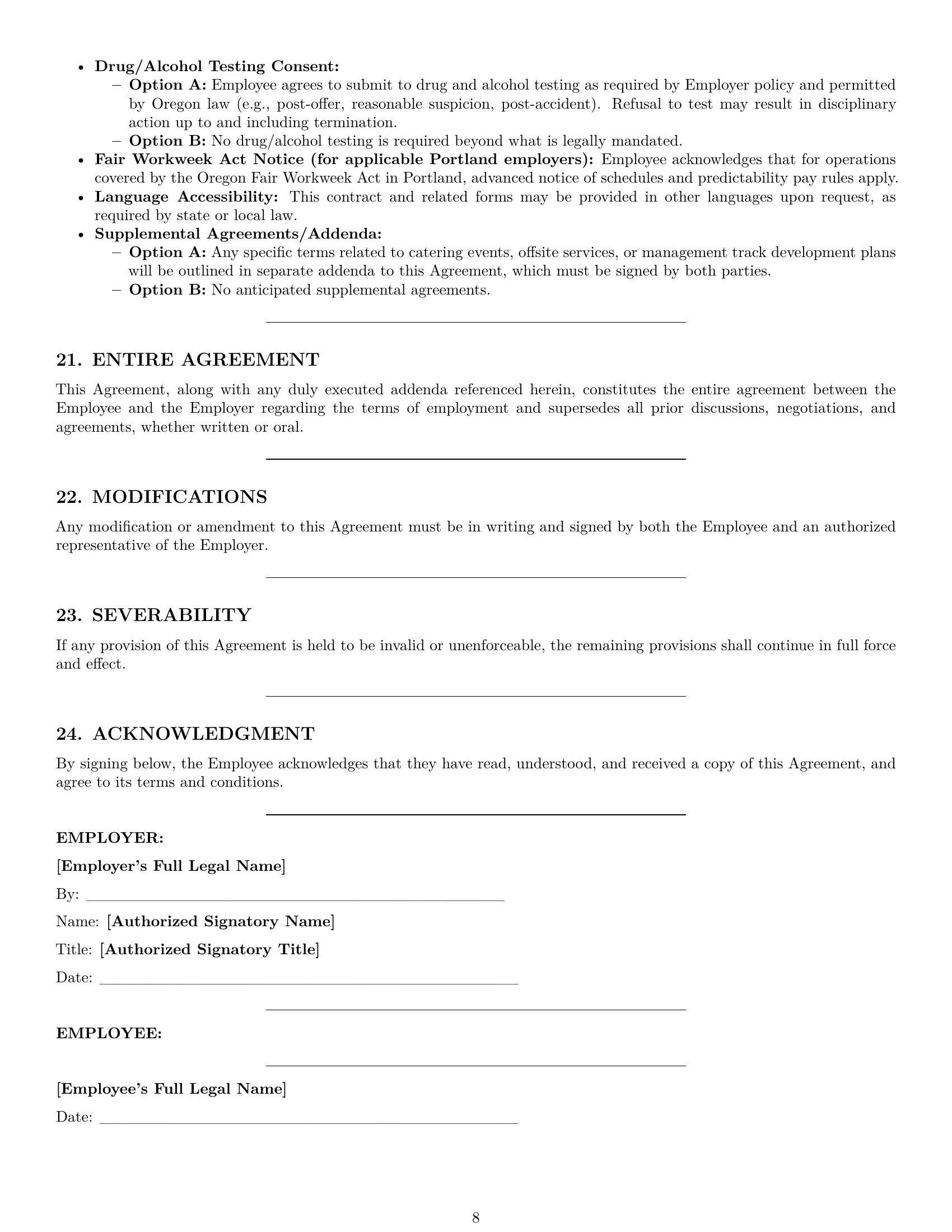 Preview page 8 of Pro Oregon cook employment contract template