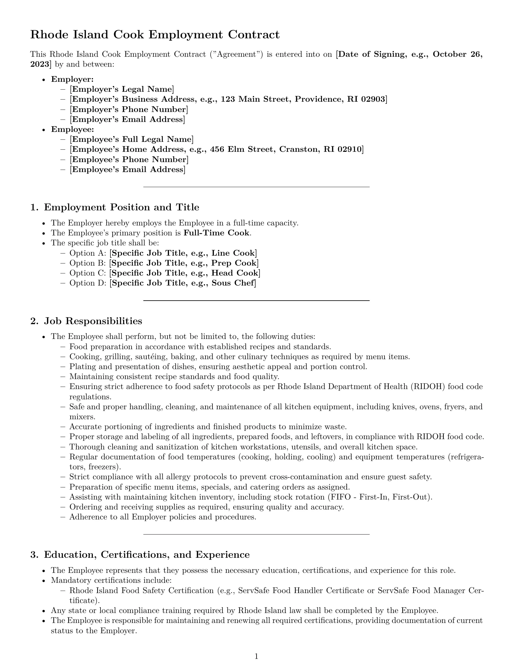 Preview page 1 of Pro Rhode Island cook employment contract template