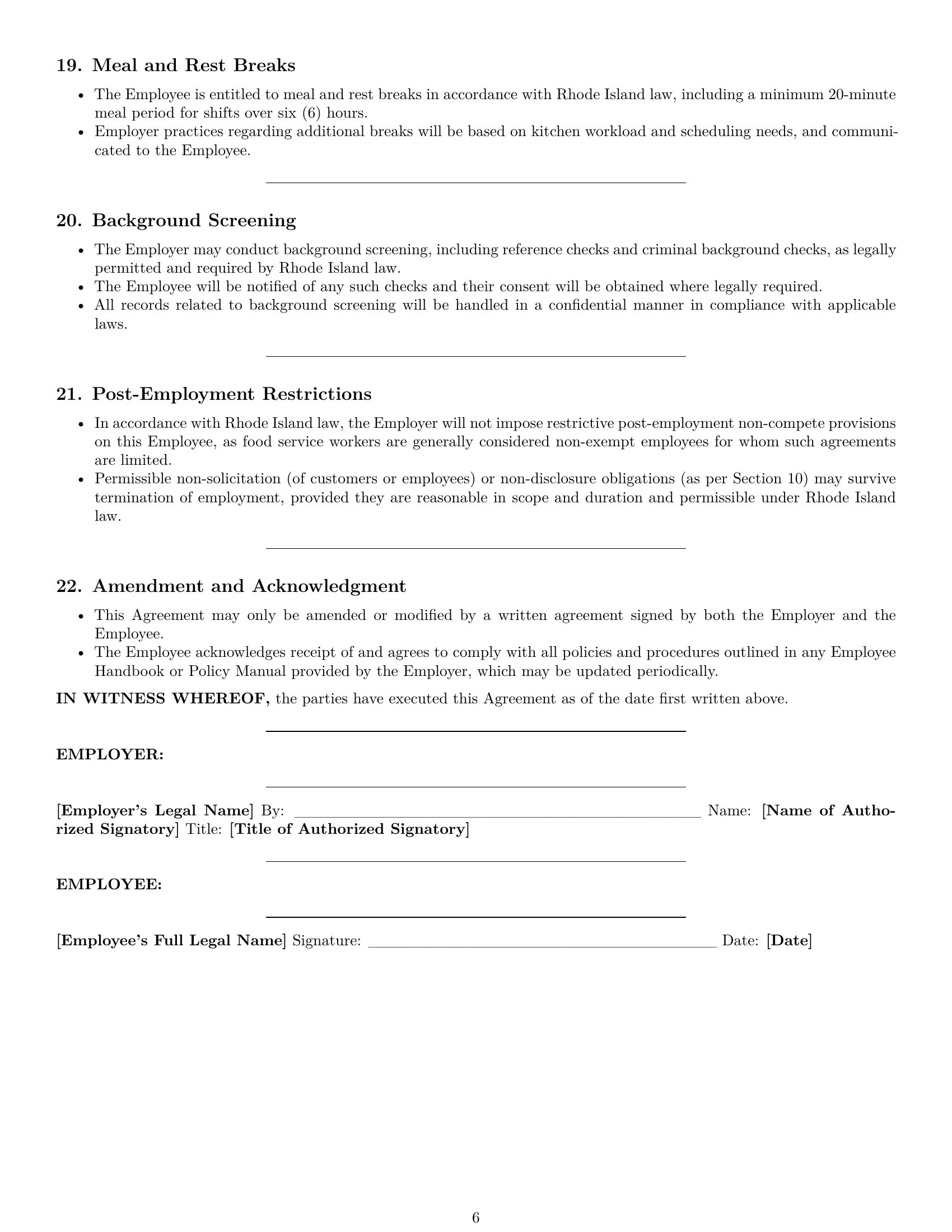 Preview page 6 of Pro Rhode Island cook employment contract template