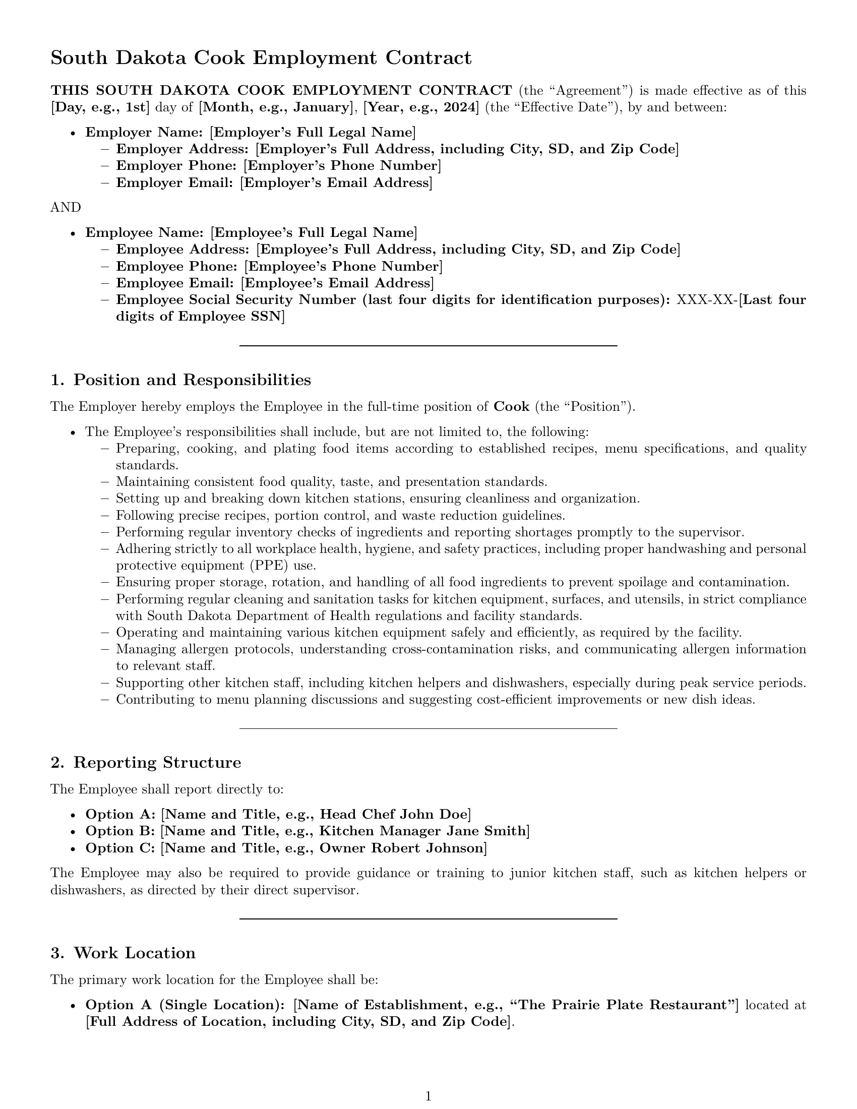 Preview page 1 of Pro South Dakota cook employment contract template