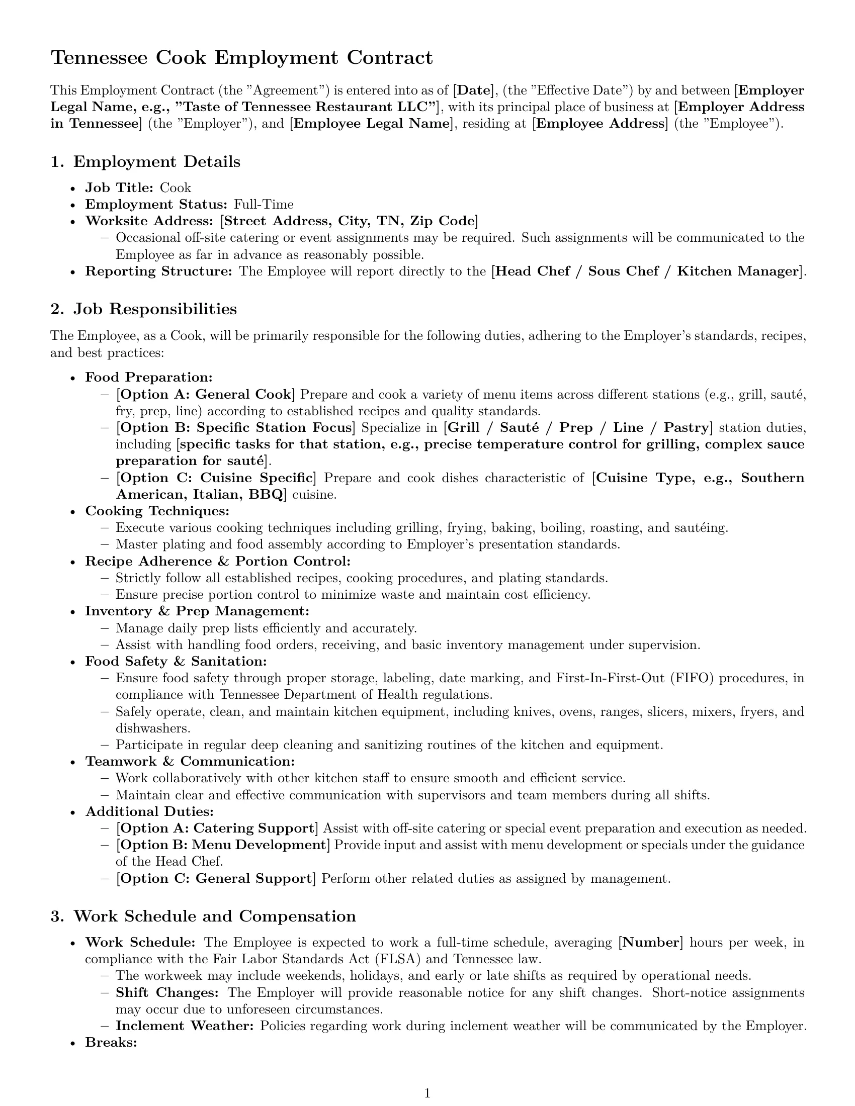 Preview page 1 of Pro Tennessee cook employment contract template