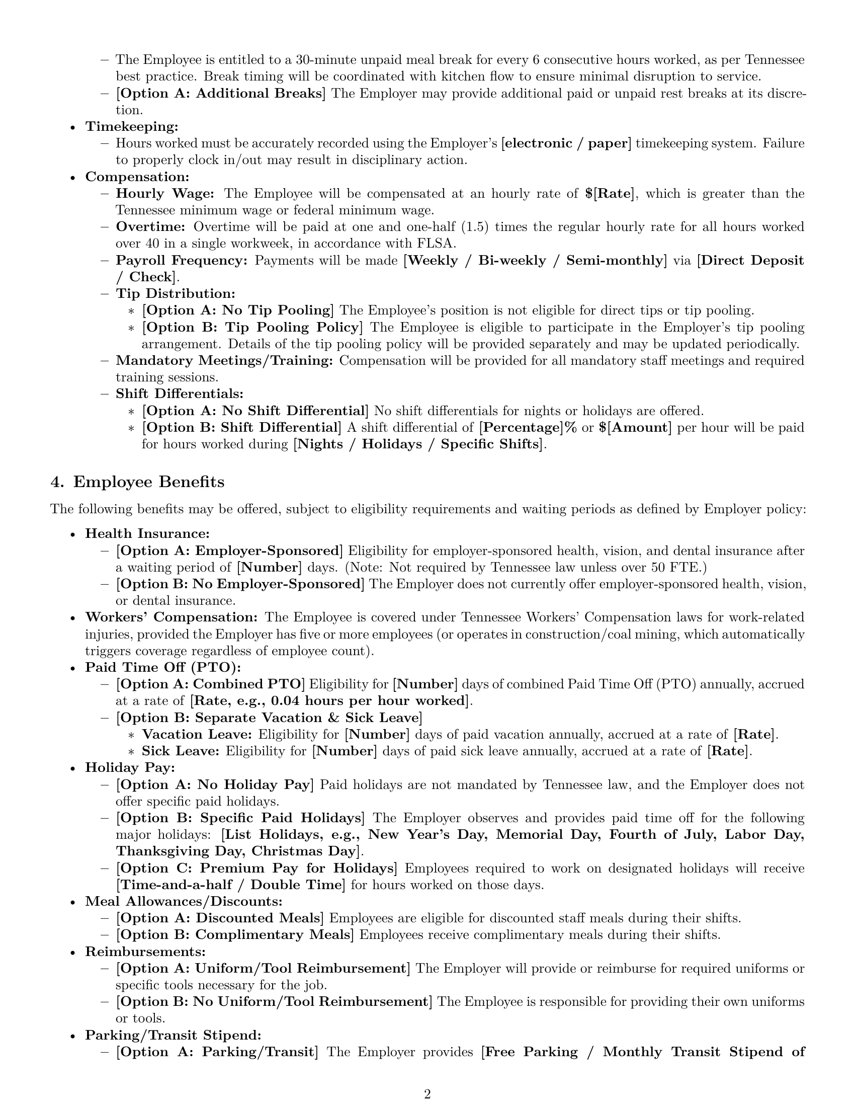 Preview page 2 of Pro Tennessee cook employment contract template