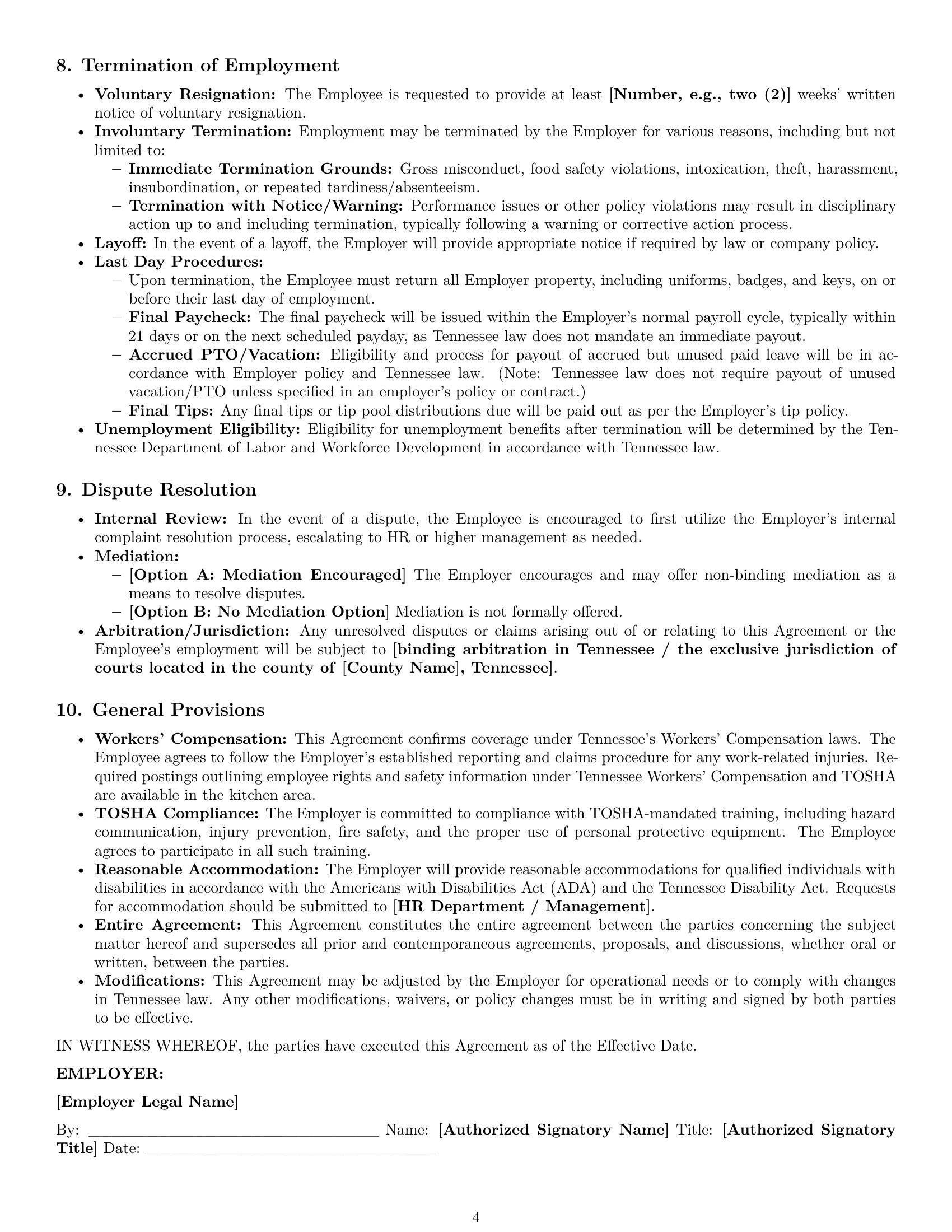 Preview page 4 of Pro Tennessee cook employment contract template