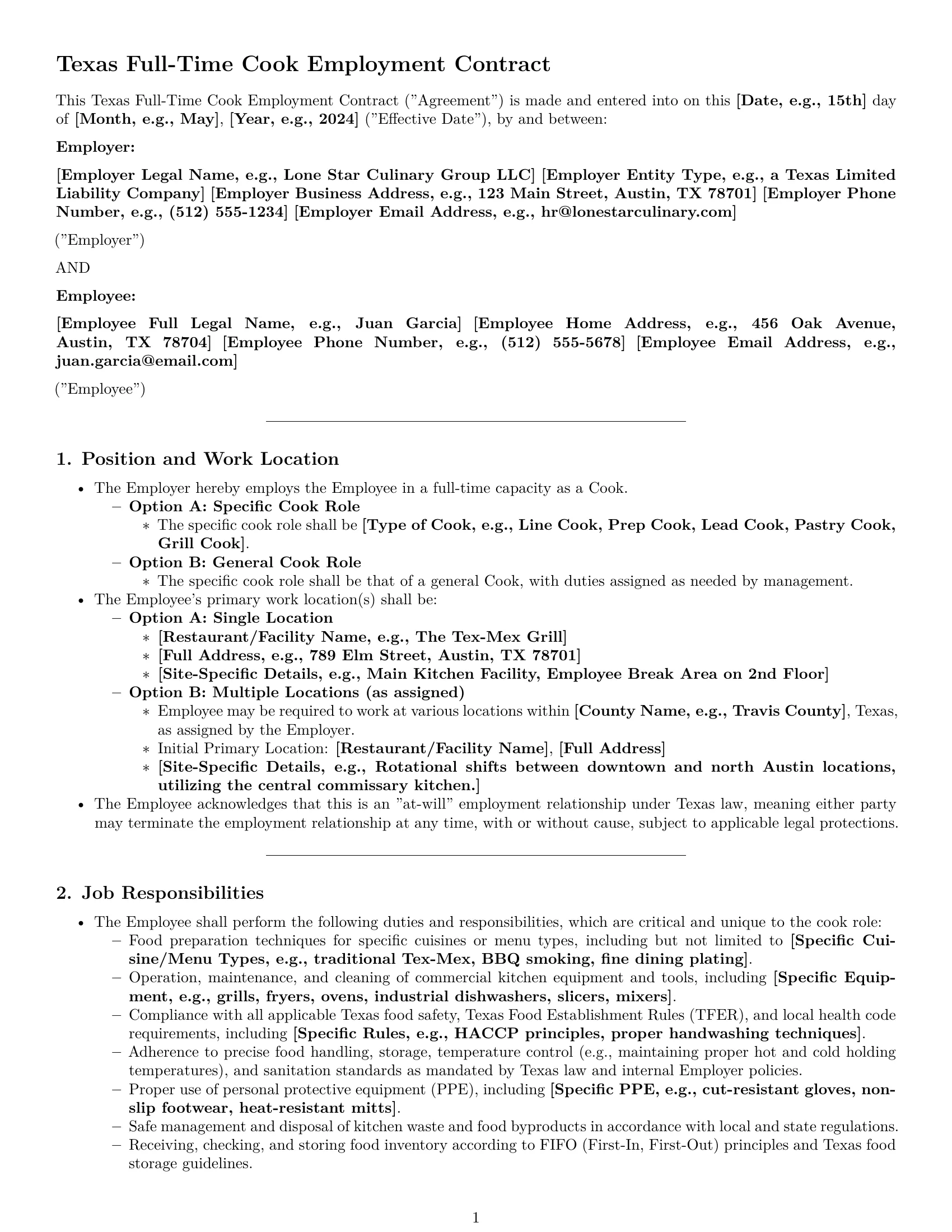 Preview page 1 of Pro Texas cook employment contract template