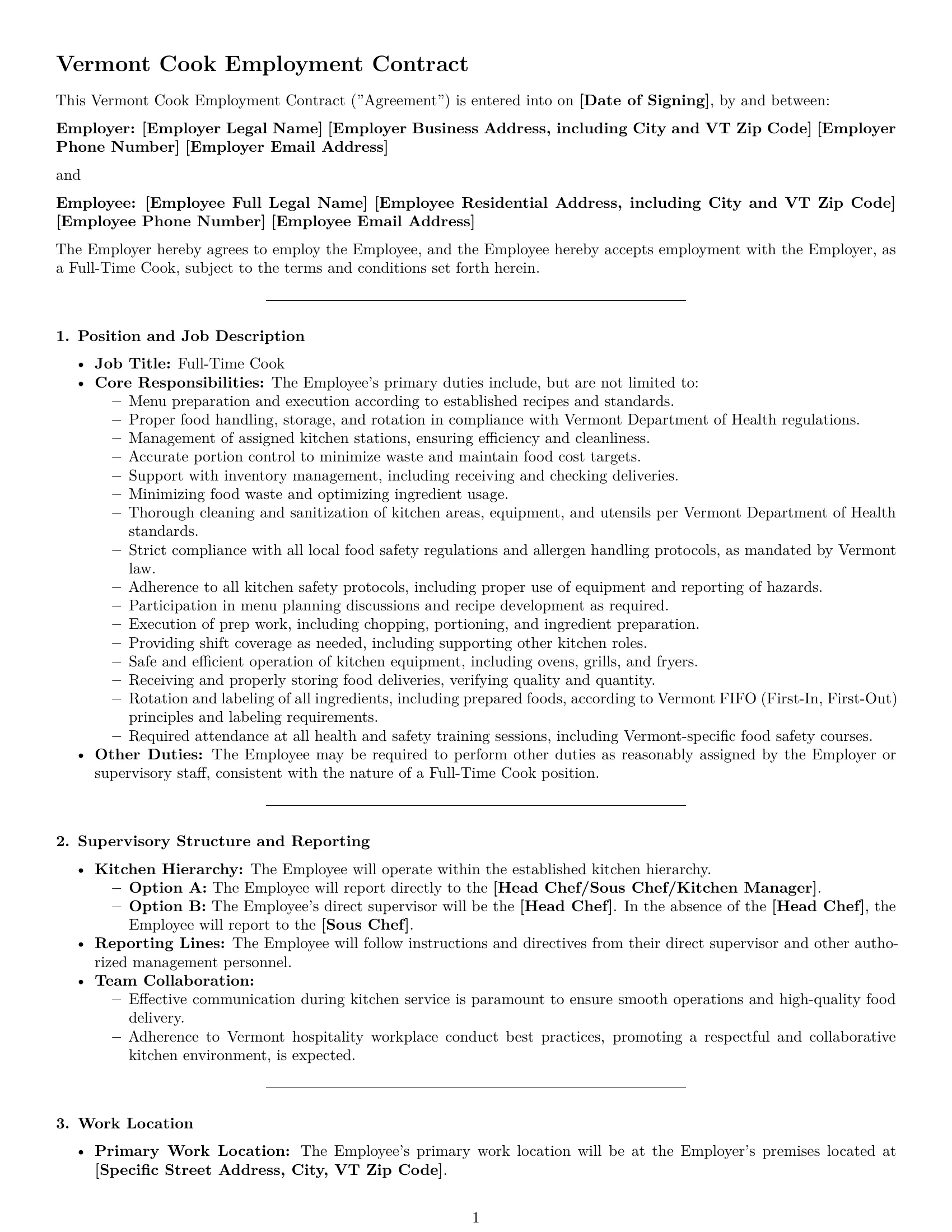 Preview page 1 of Pro Vermont cook employment contract template