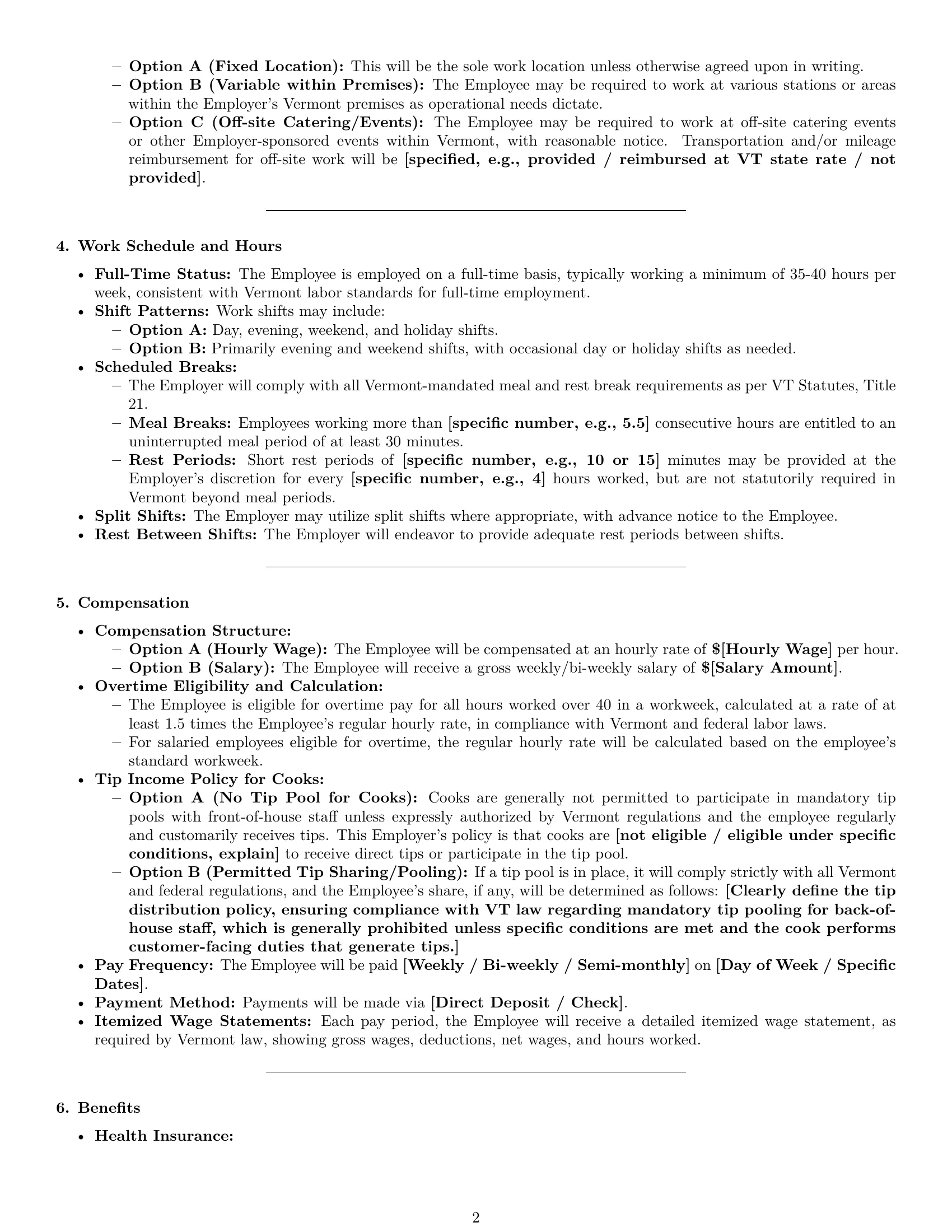 Preview page 2 of Pro Vermont cook employment contract template