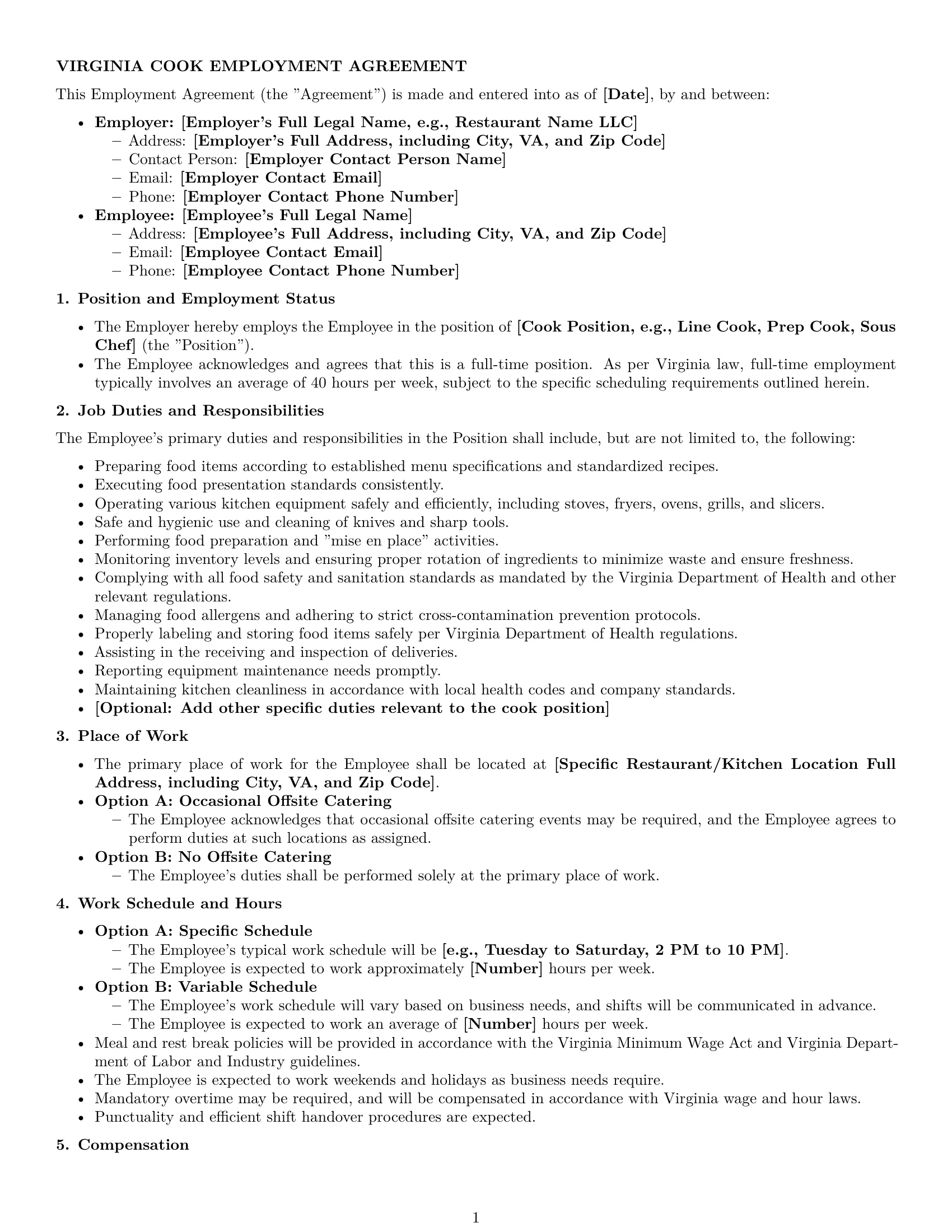 Preview page 1 of Pro Virginia cook employment contract template