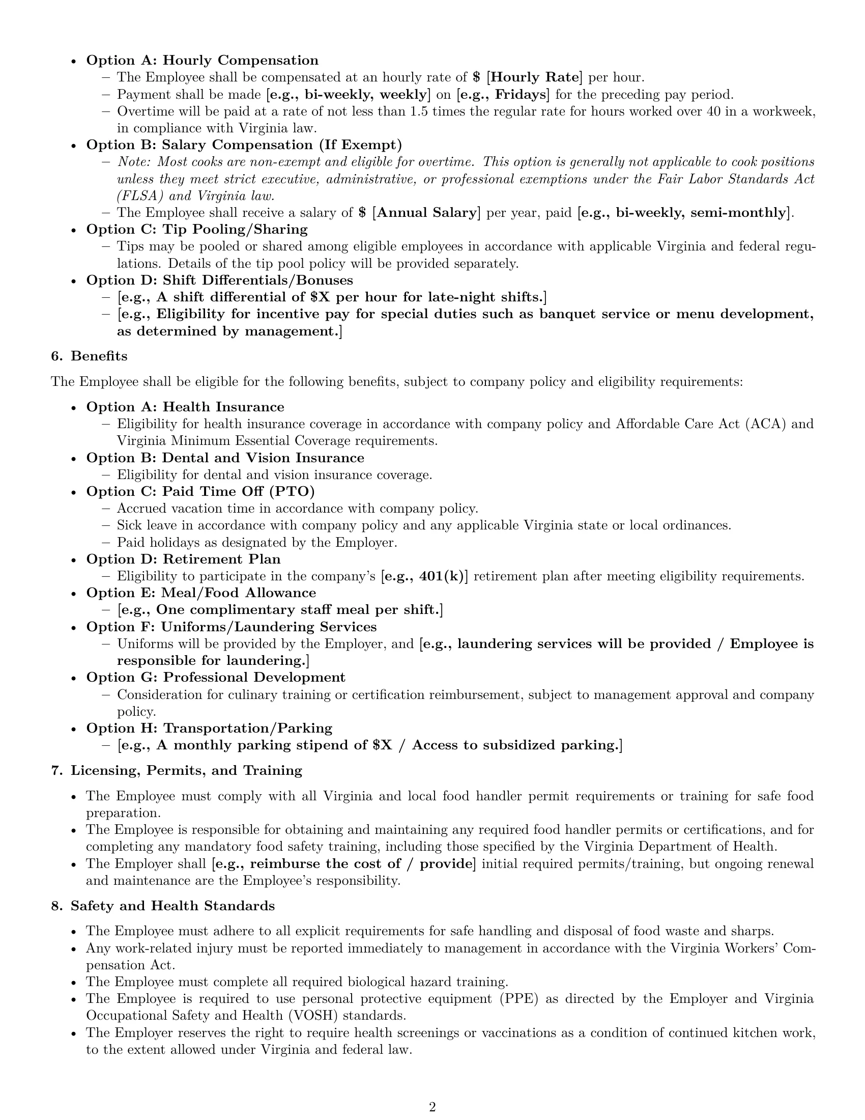 Preview page 2 of Pro Virginia cook employment contract template