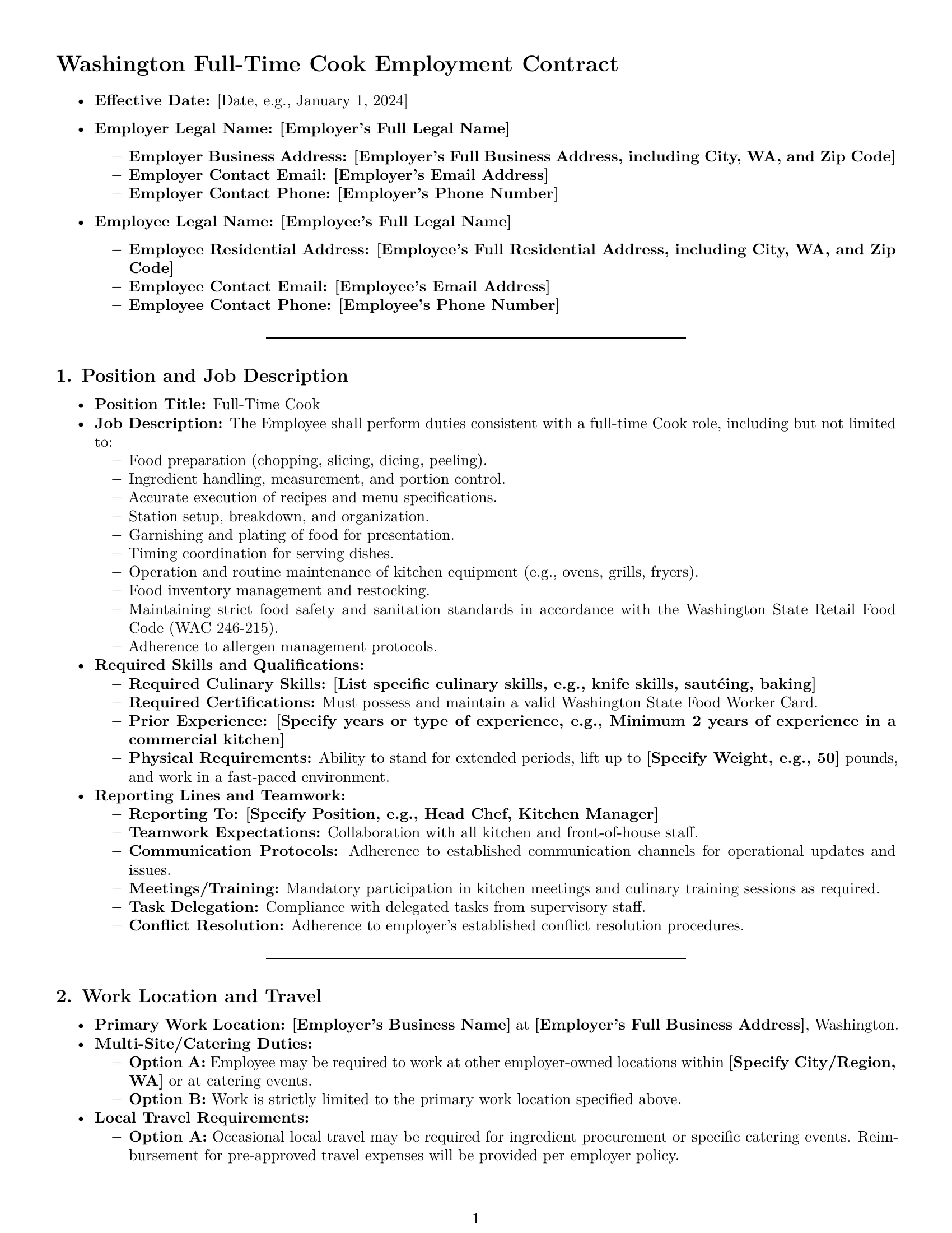 Preview page 1 of Pro Washington cook employment contract template