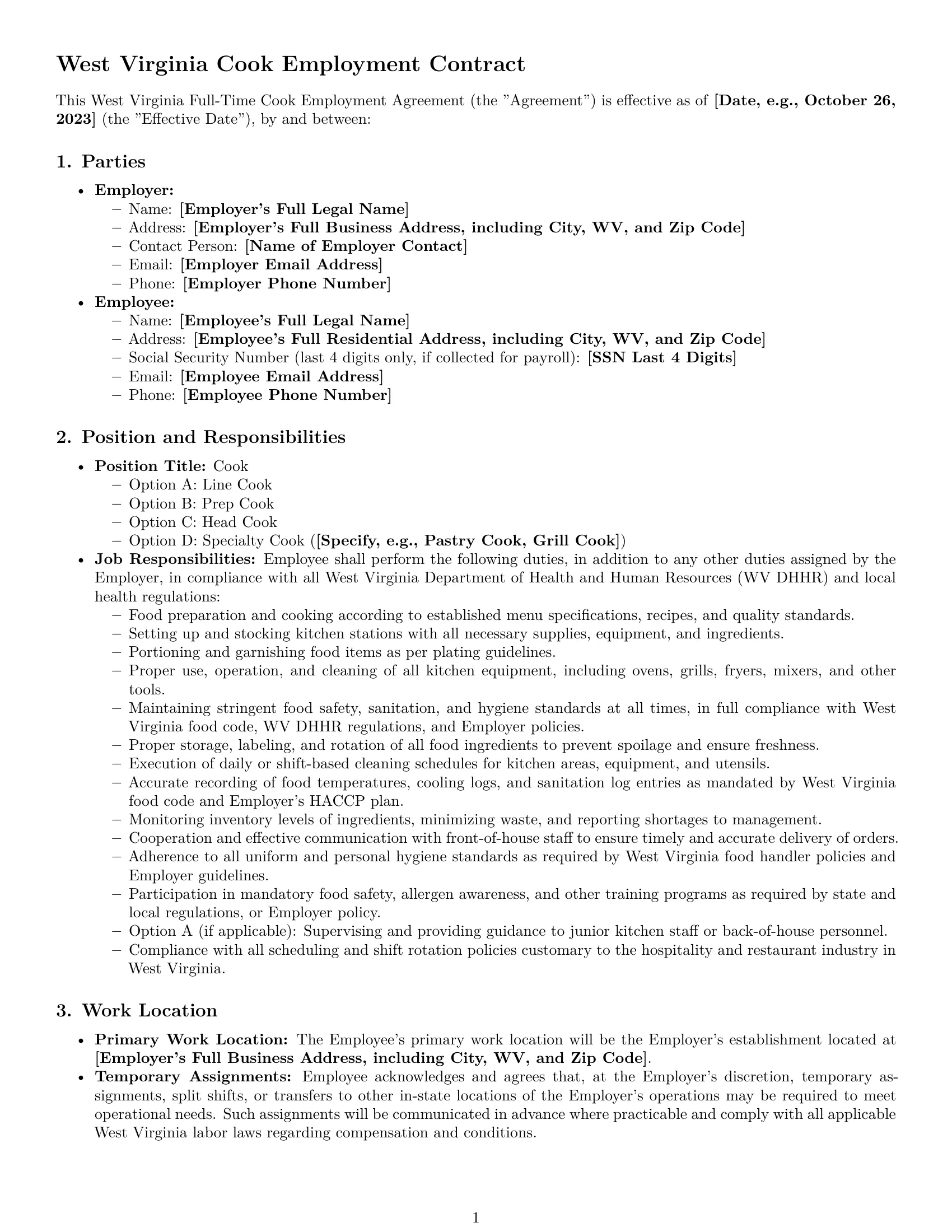Preview page 1 of Pro West Virginia cook employment contract template