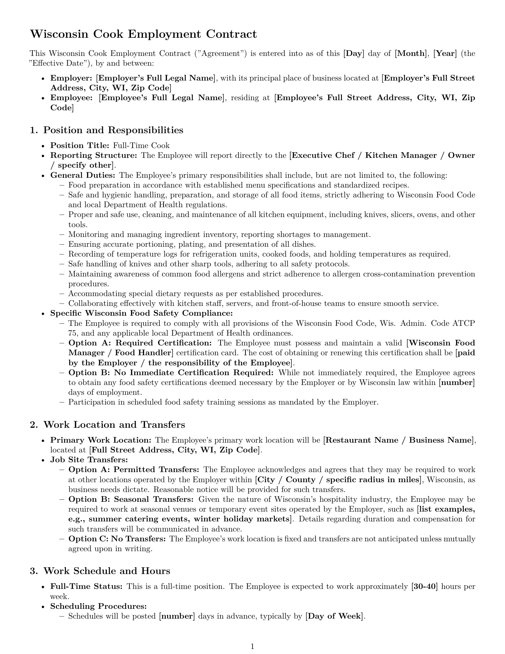 Preview page 1 of Pro Wisconsin cook employment contract template