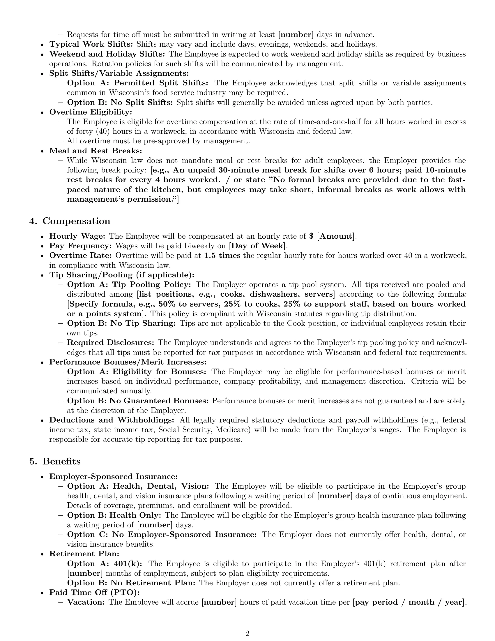 Preview page 2 of Pro Wisconsin cook employment contract template