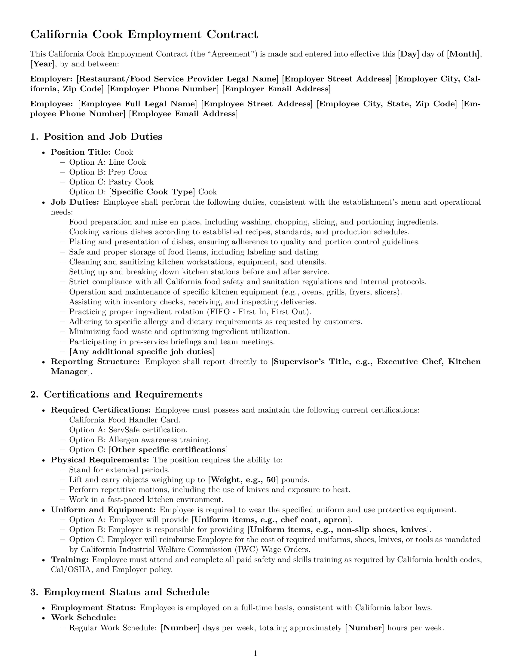 Preview page 1 of Pro California cook employment contract template