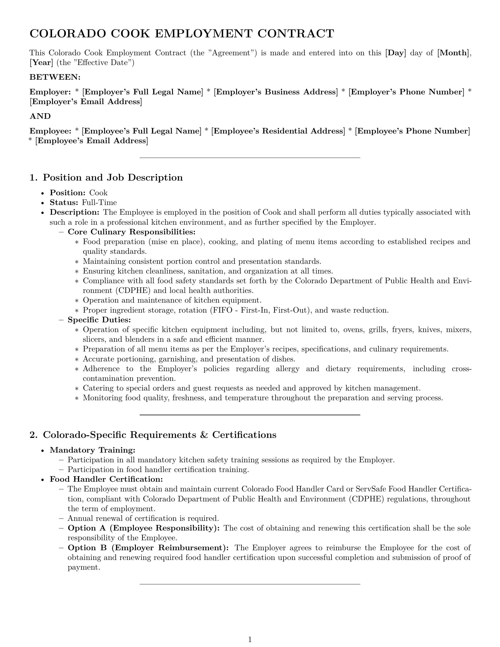 Preview page 1 of Pro Colorado cook employment contract template