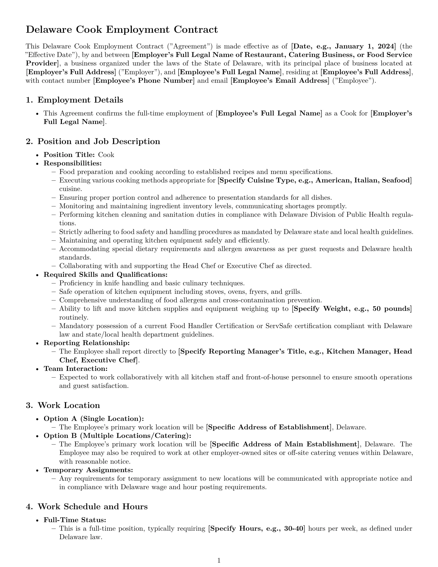 Preview page 1 of Pro Delaware cook employment contract template