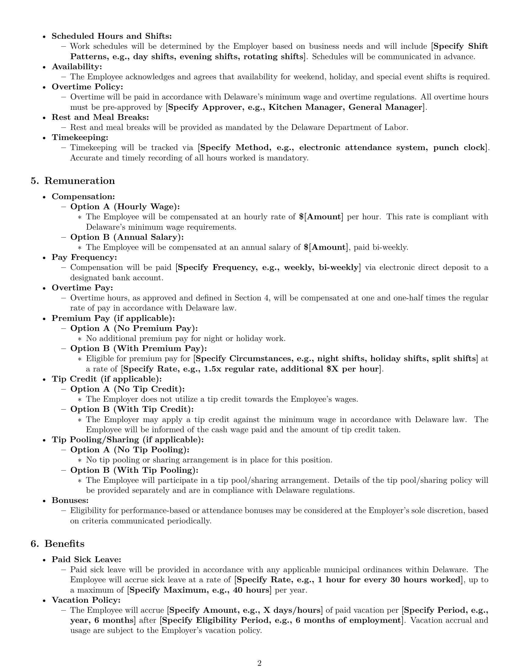 Preview page 2 of Pro Delaware cook employment contract template