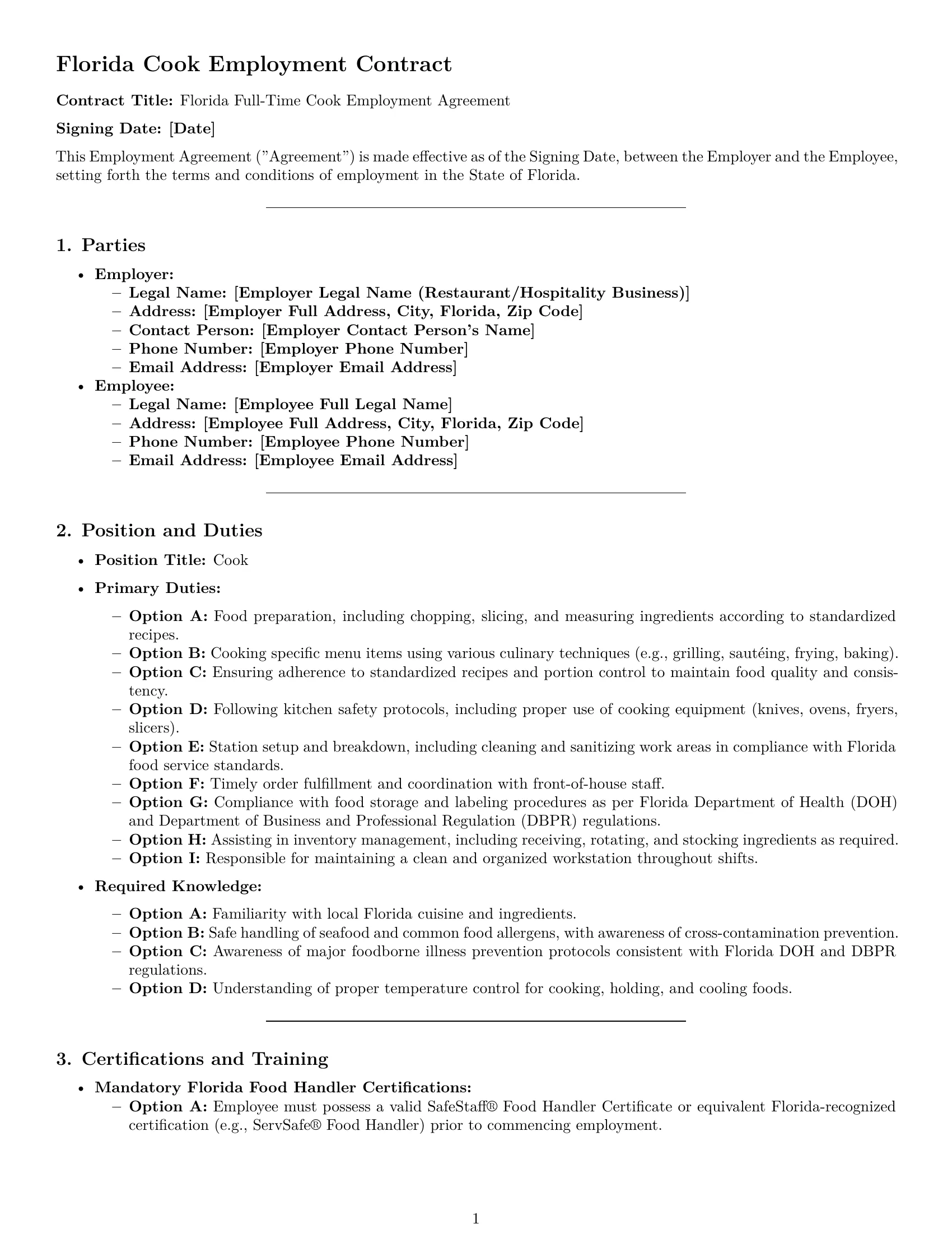 Preview page 1 of Pro Florida cook employment contract template