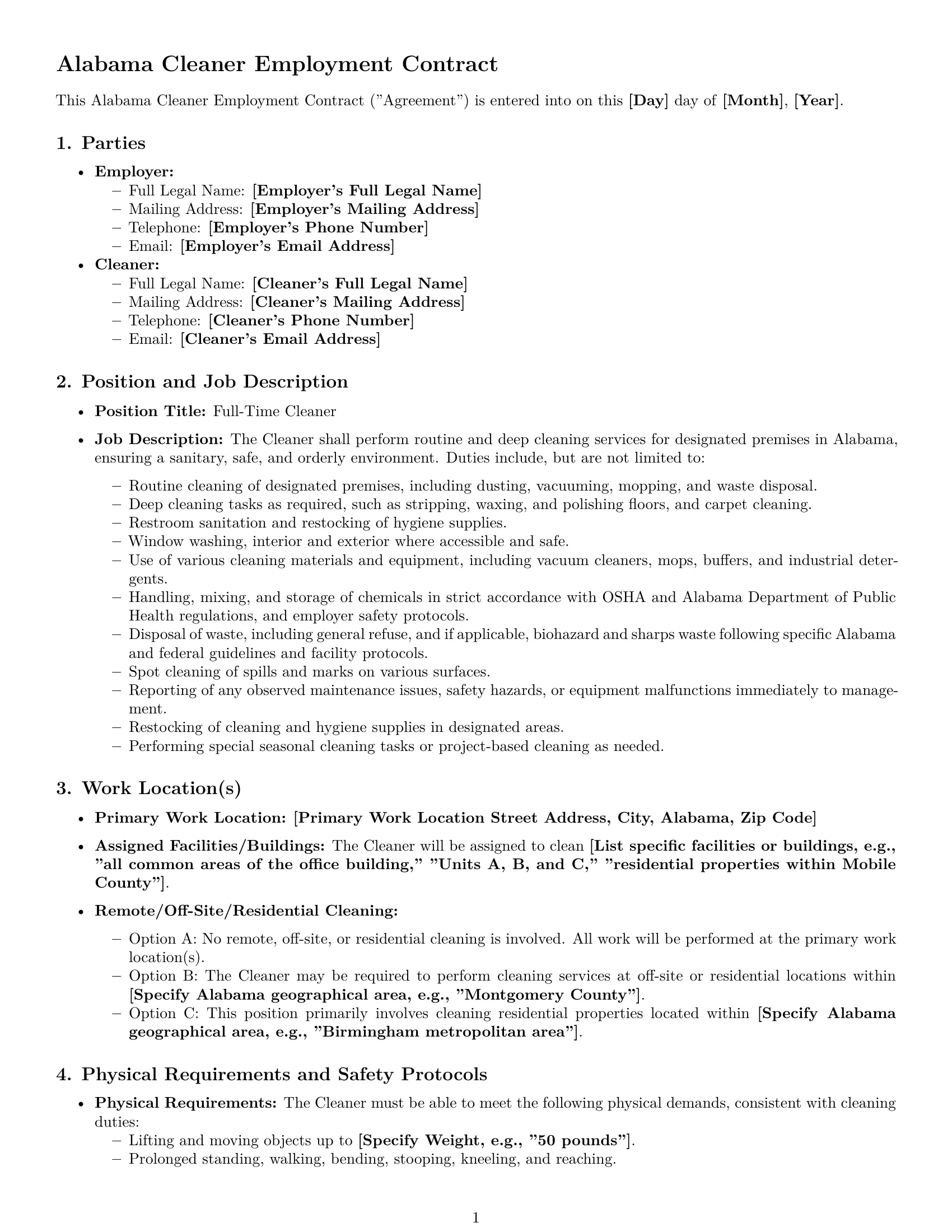 Preview page 1 of Pro Alabama cleaner employment contract template