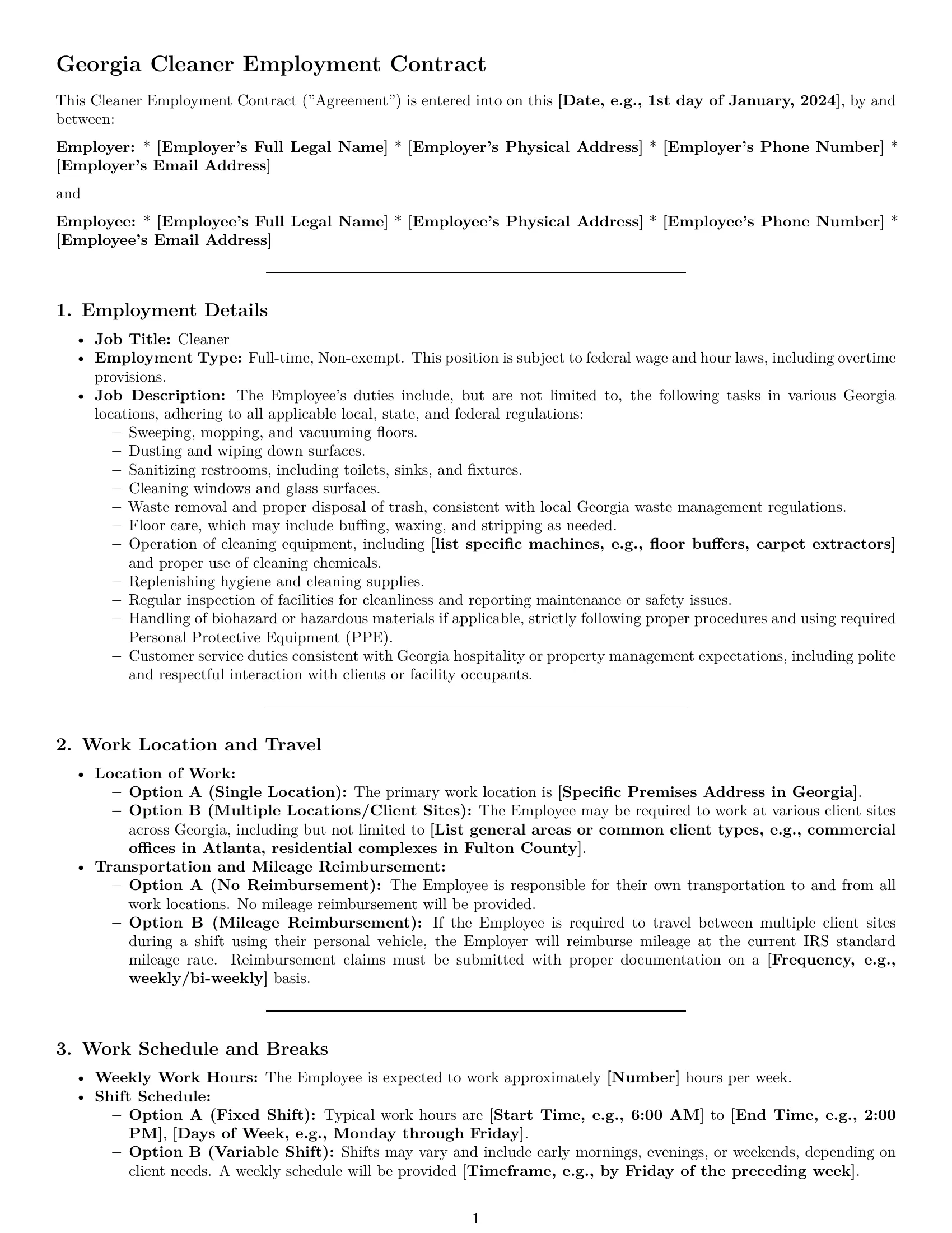 Preview page 1 of Pro Georgia cleaner employment contract template