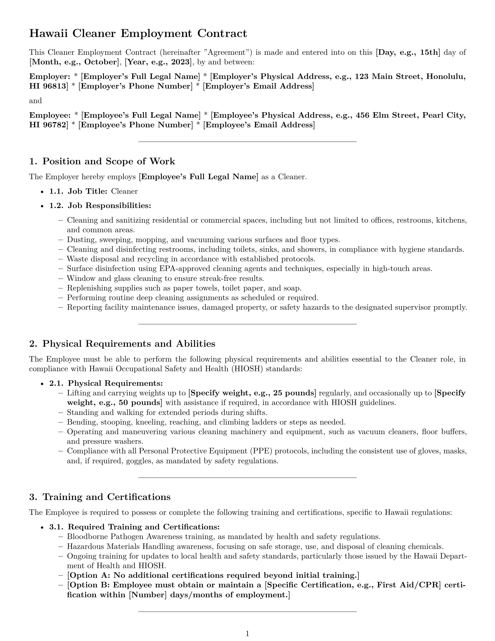 Preview page 1 of Pro Hawaii cleaner employment contract template
