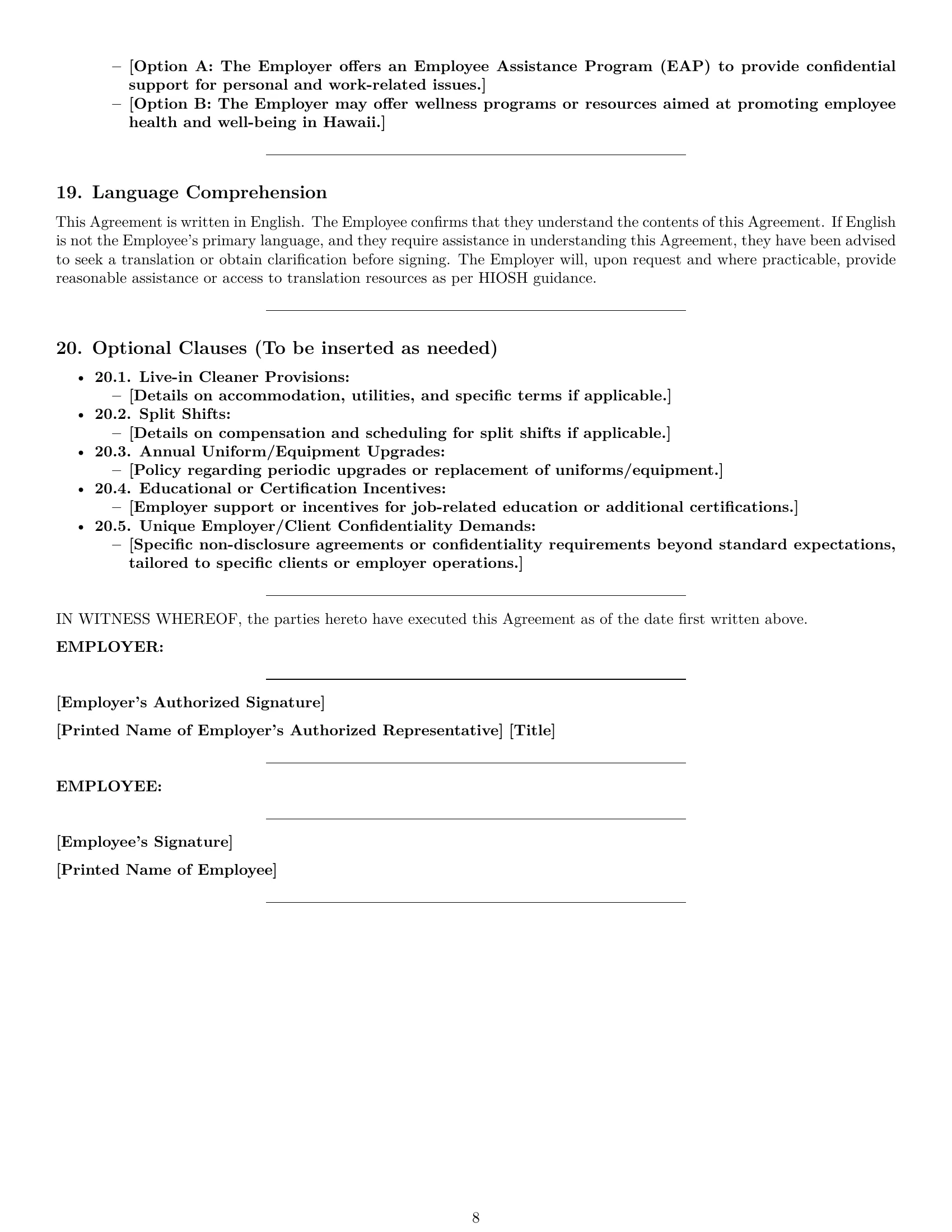 Preview page 8 of Pro Hawaii cleaner employment contract template