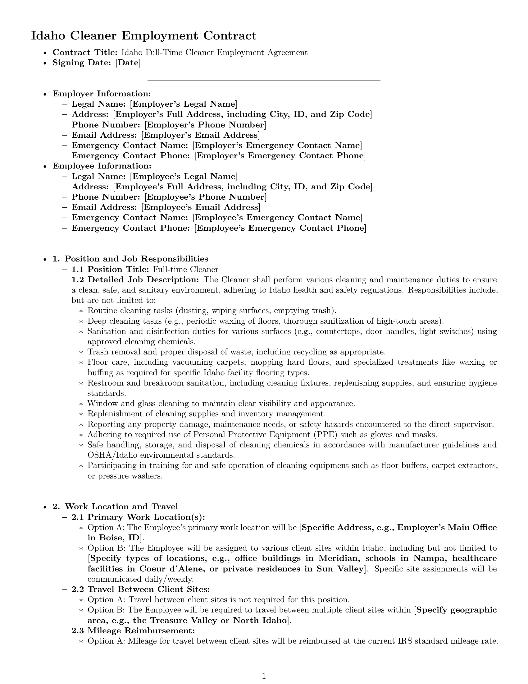 Preview page 1 of Pro Idaho cleaner employment contract template