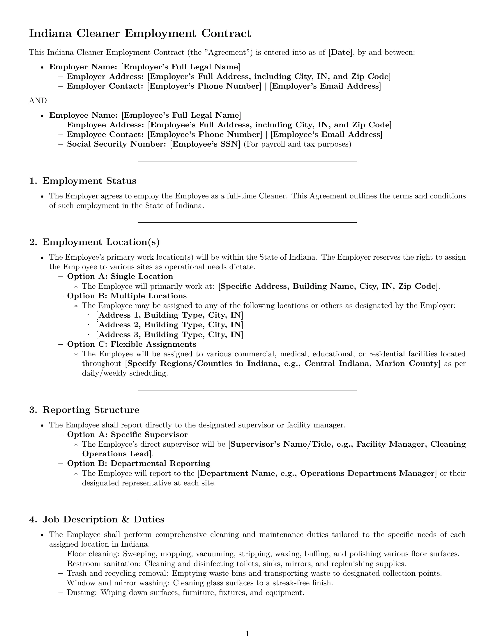 Preview page 1 of Pro Indiana cleaner employment contract template