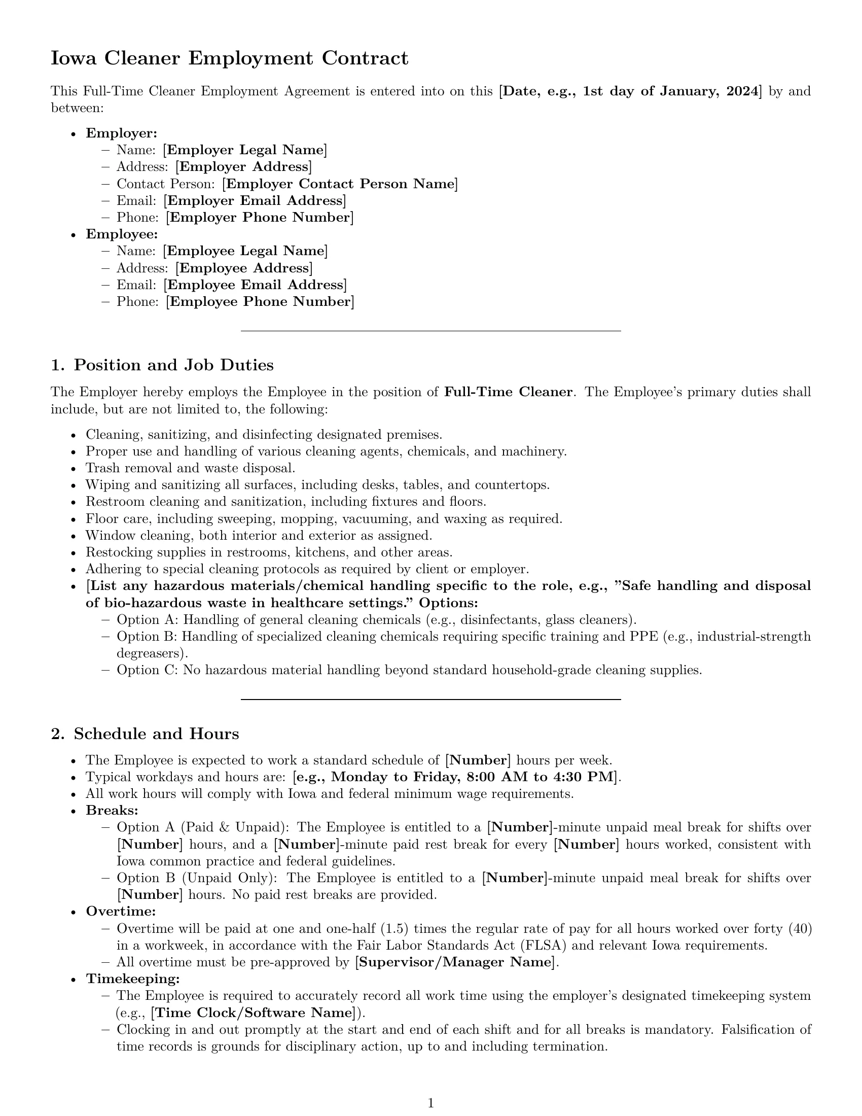 Preview page 1 of Pro Iowa cleaner employment contract template