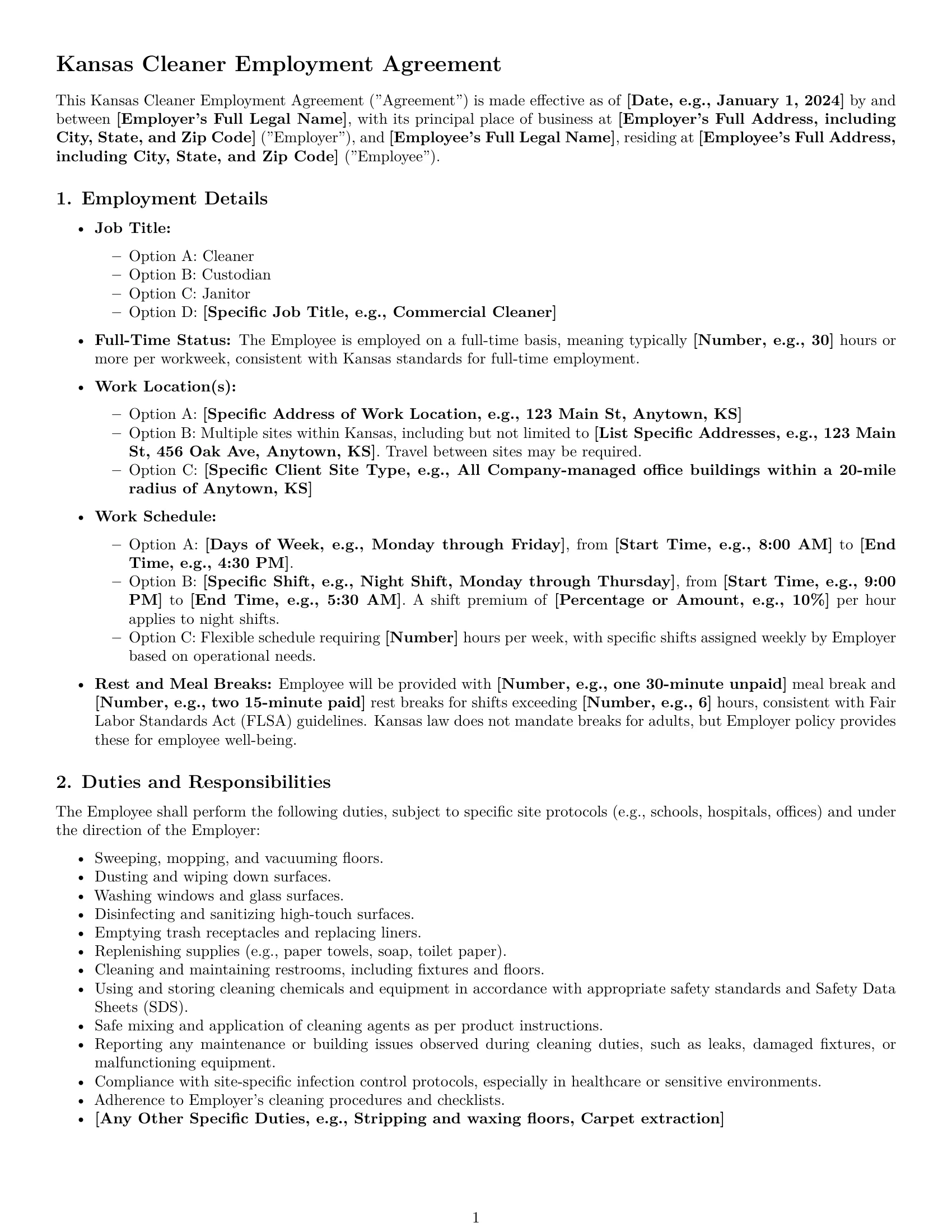 Preview page 1 of Pro Kansas cleaner employment contract template