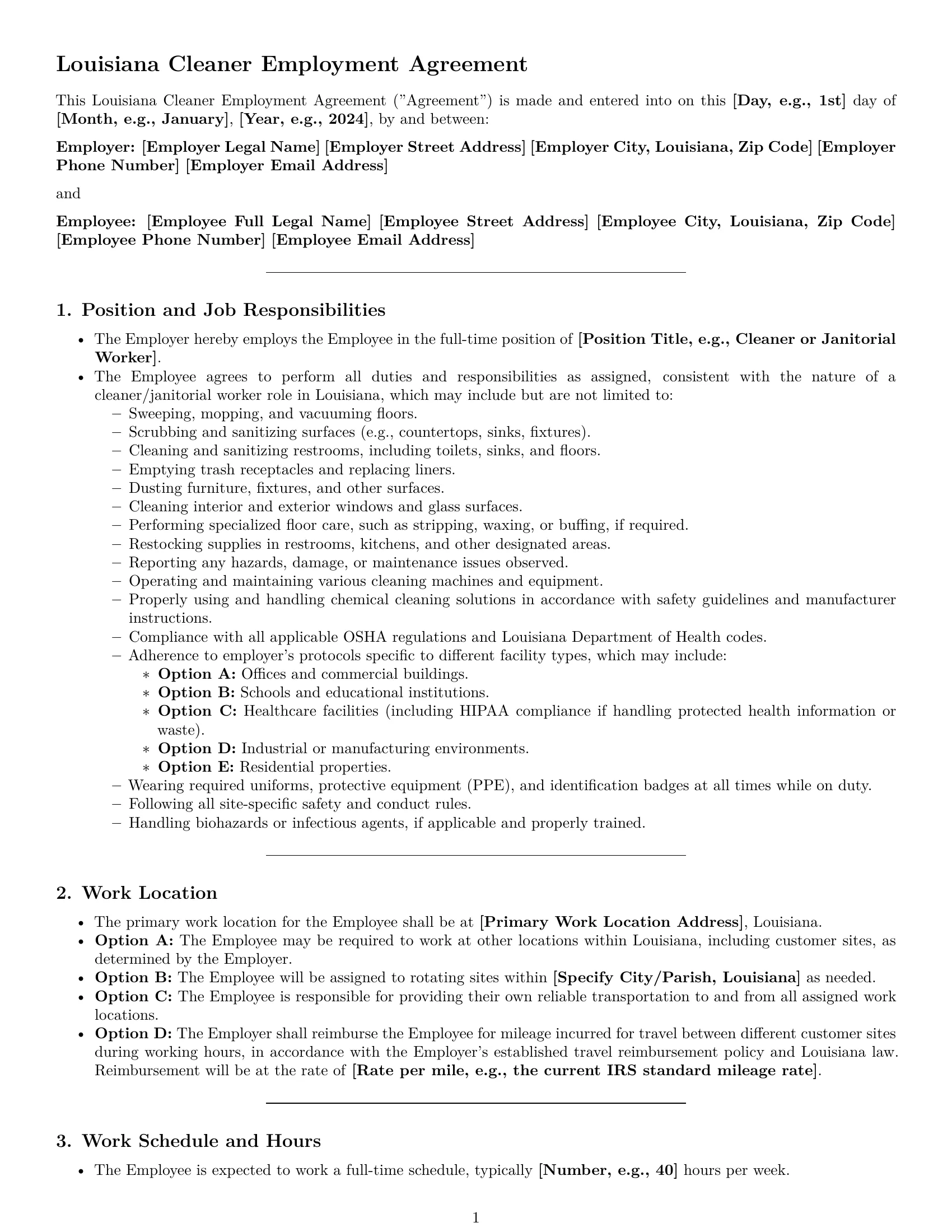 Preview page 1 of Pro Louisiana cleaner employment contract template