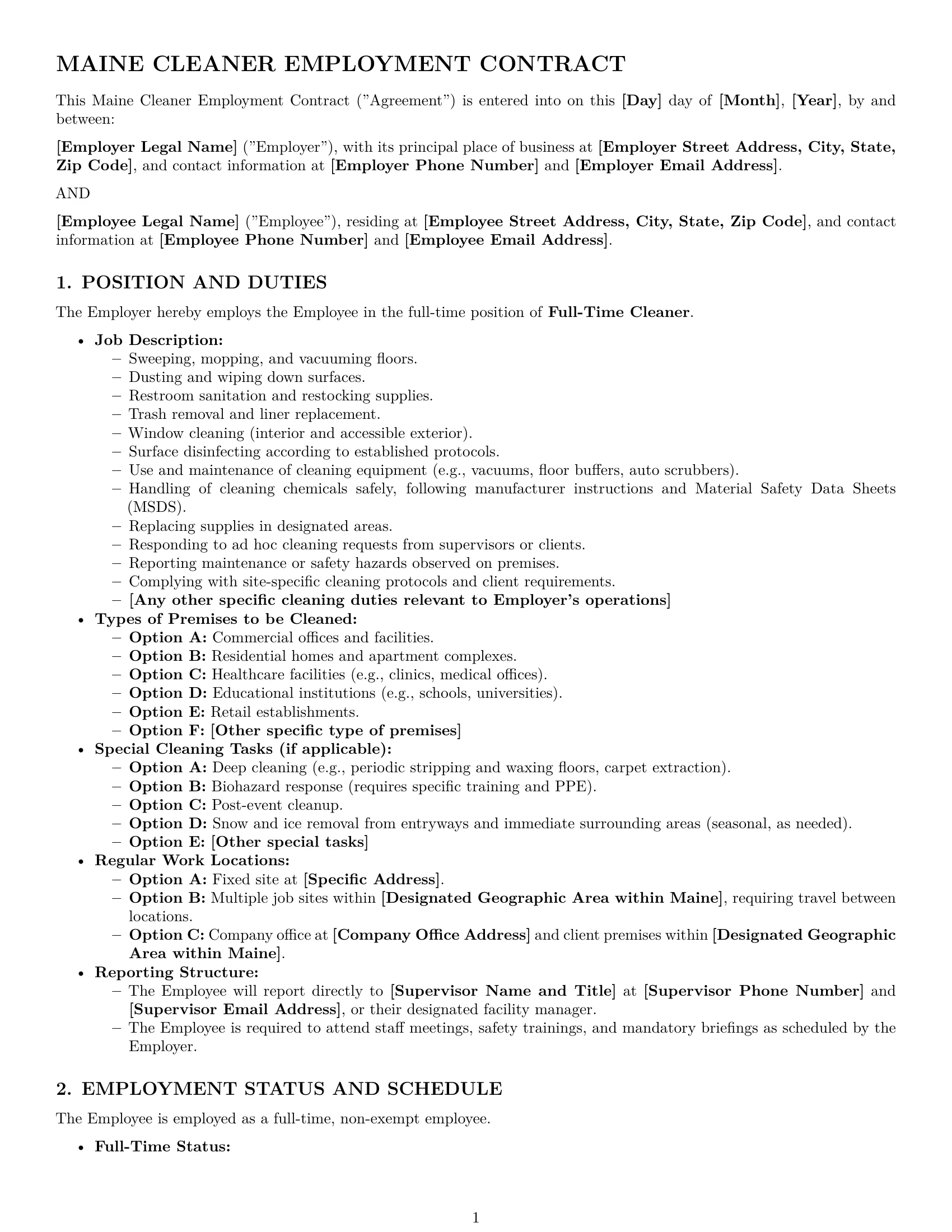 Preview page 1 of Pro Maine cleaner employment contract template