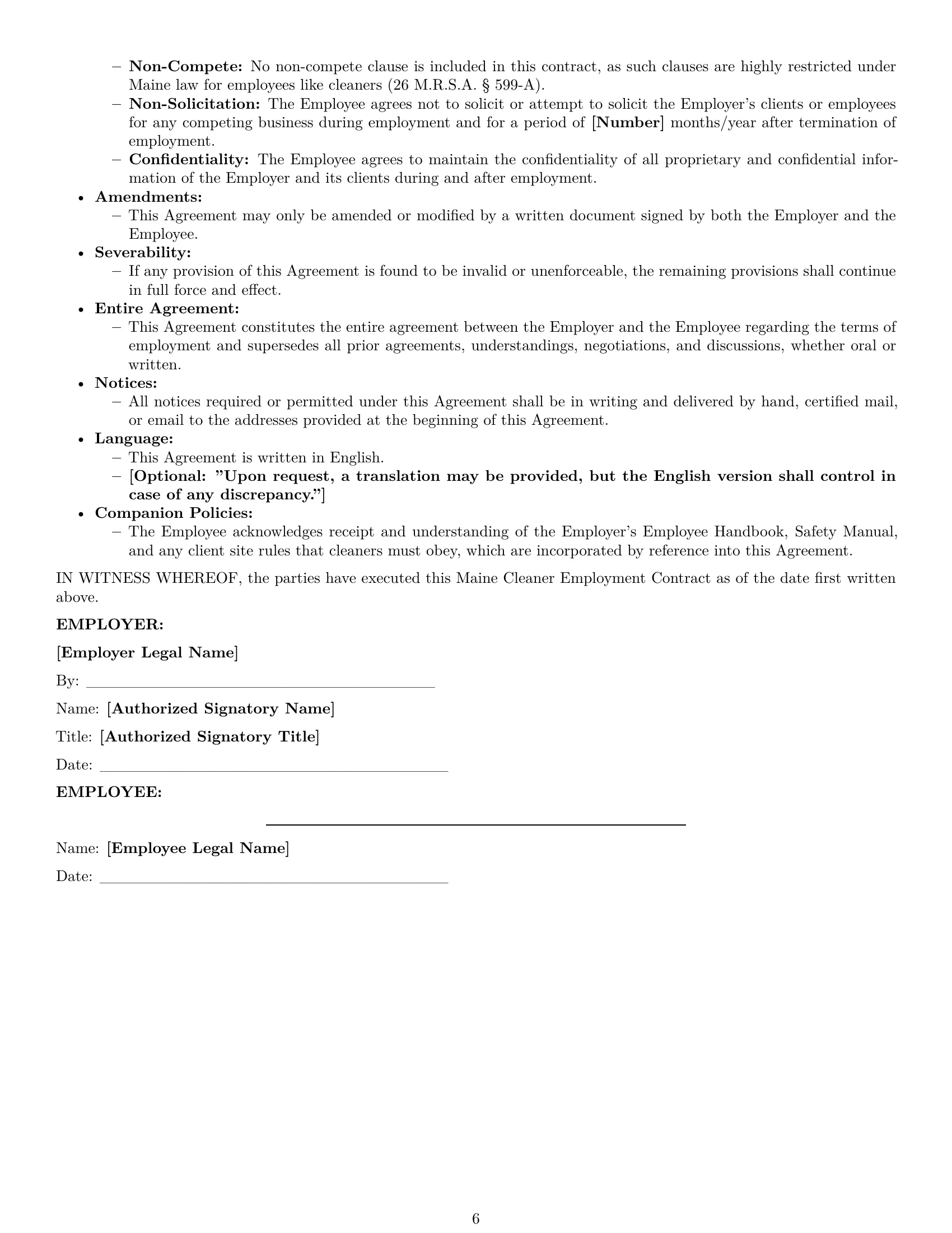 Preview page 6 of Pro Maine cleaner employment contract template