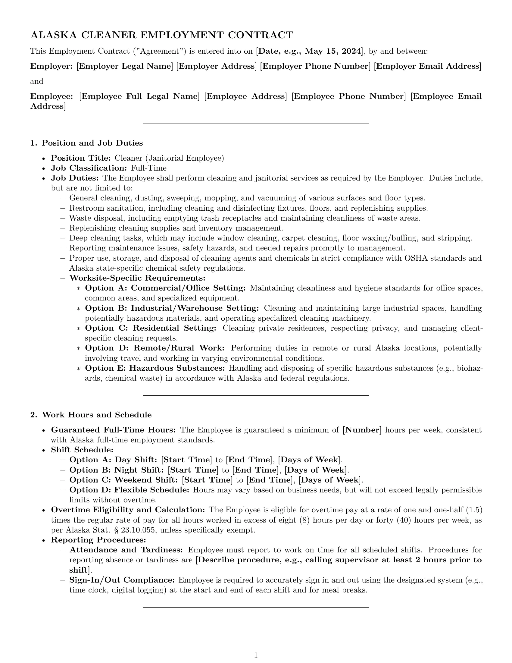 Preview page 1 of Pro Alaska cleaner employment contract template