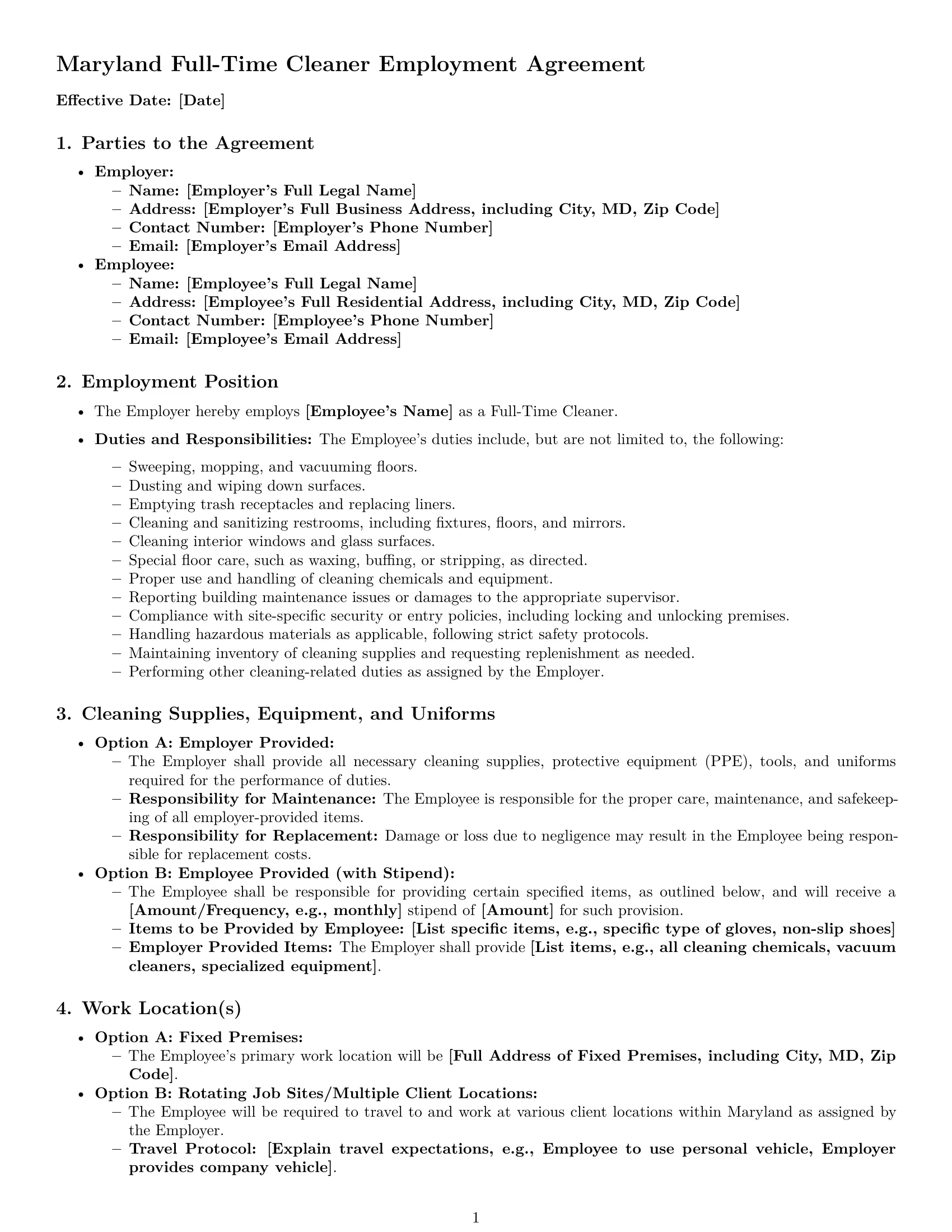 Preview page 1 of Pro Maryland cleaner employment contract template