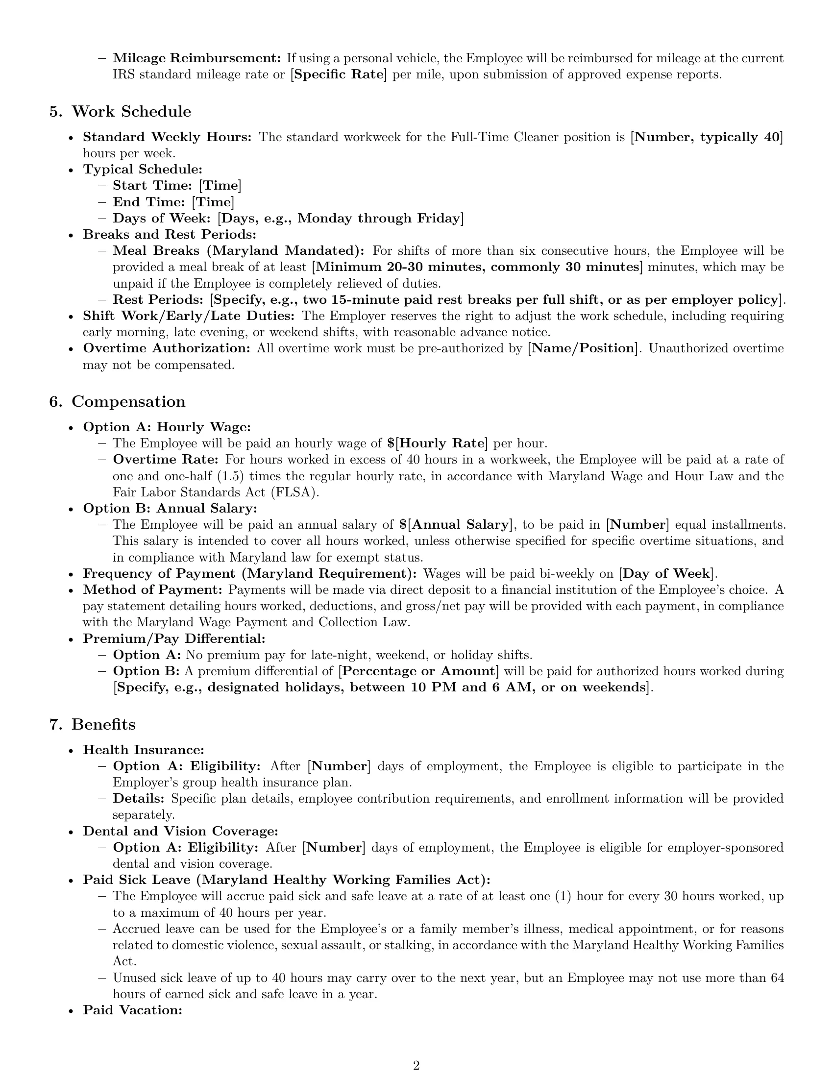 Preview page 2 of Pro Maryland cleaner employment contract template