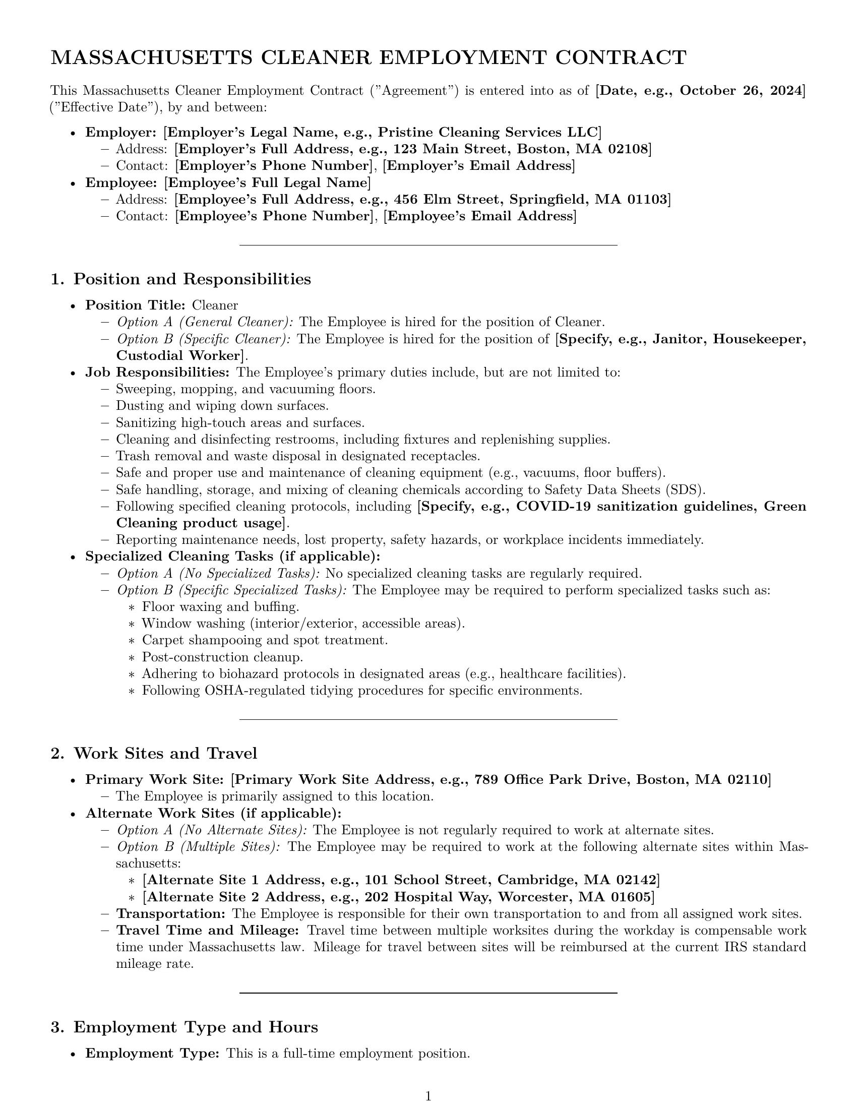 Preview page 1 of Pro Massachusetts cleaner employment contract template