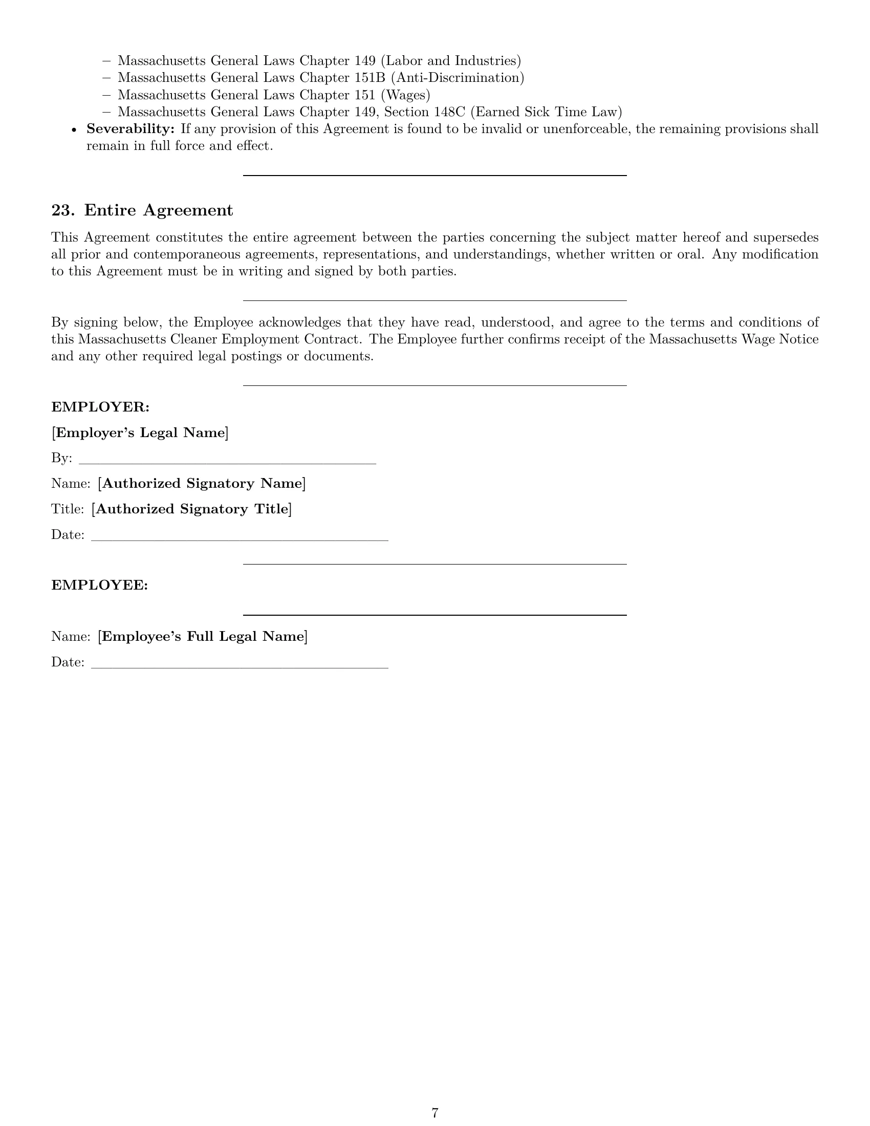 Preview page 7 of Pro Massachusetts cleaner employment contract template
